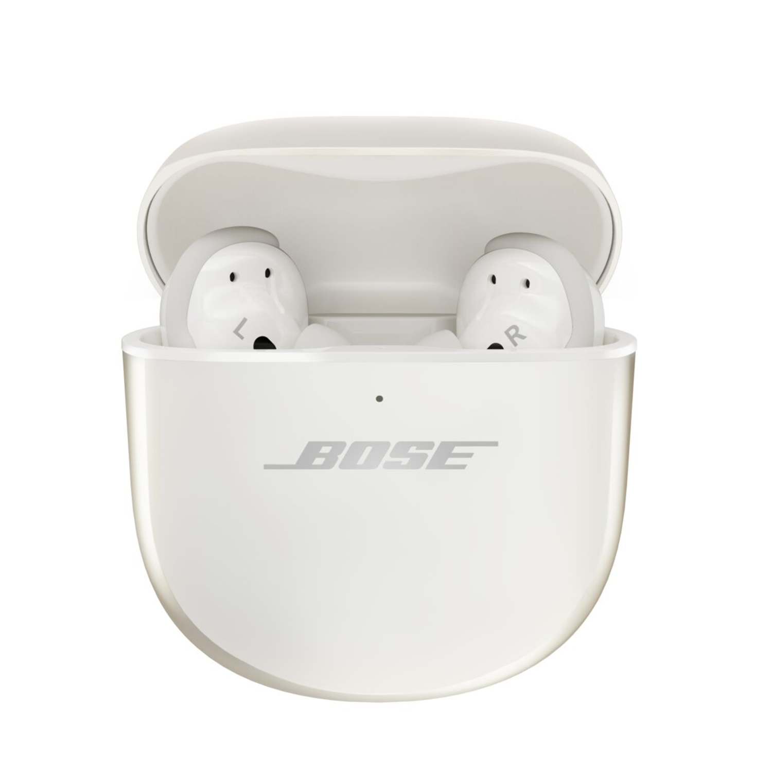 White Bose earbuds in a white charging case, open. The earbuds have "L" and "R" labels.