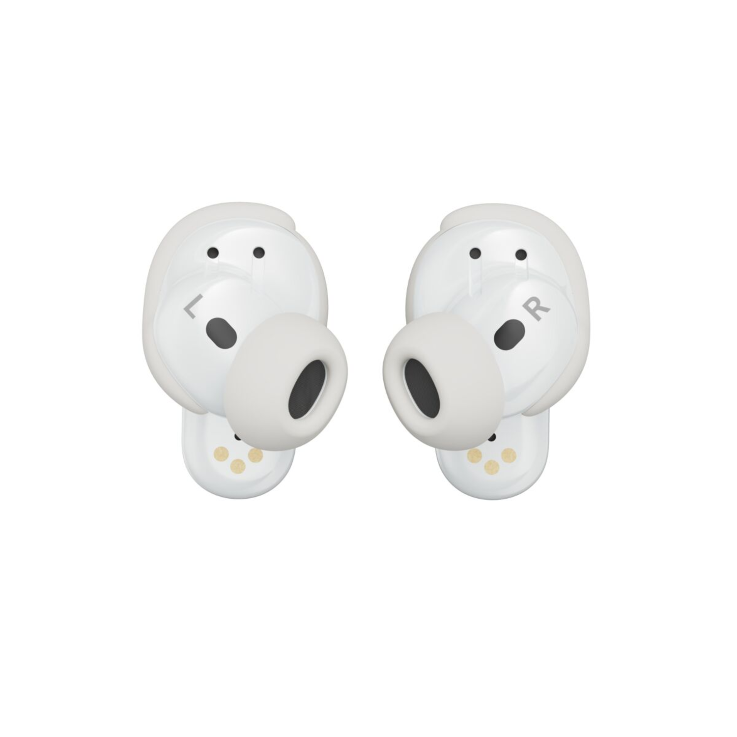 Two white wireless earbuds with black openings and the letters 'L' and 'R' on them.