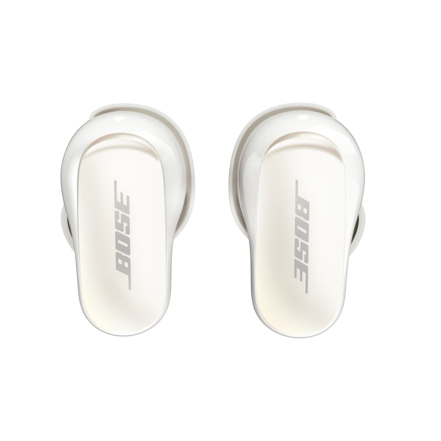 White Bose earbuds, top view, lying on a white surface. Each has a BOSE logo.