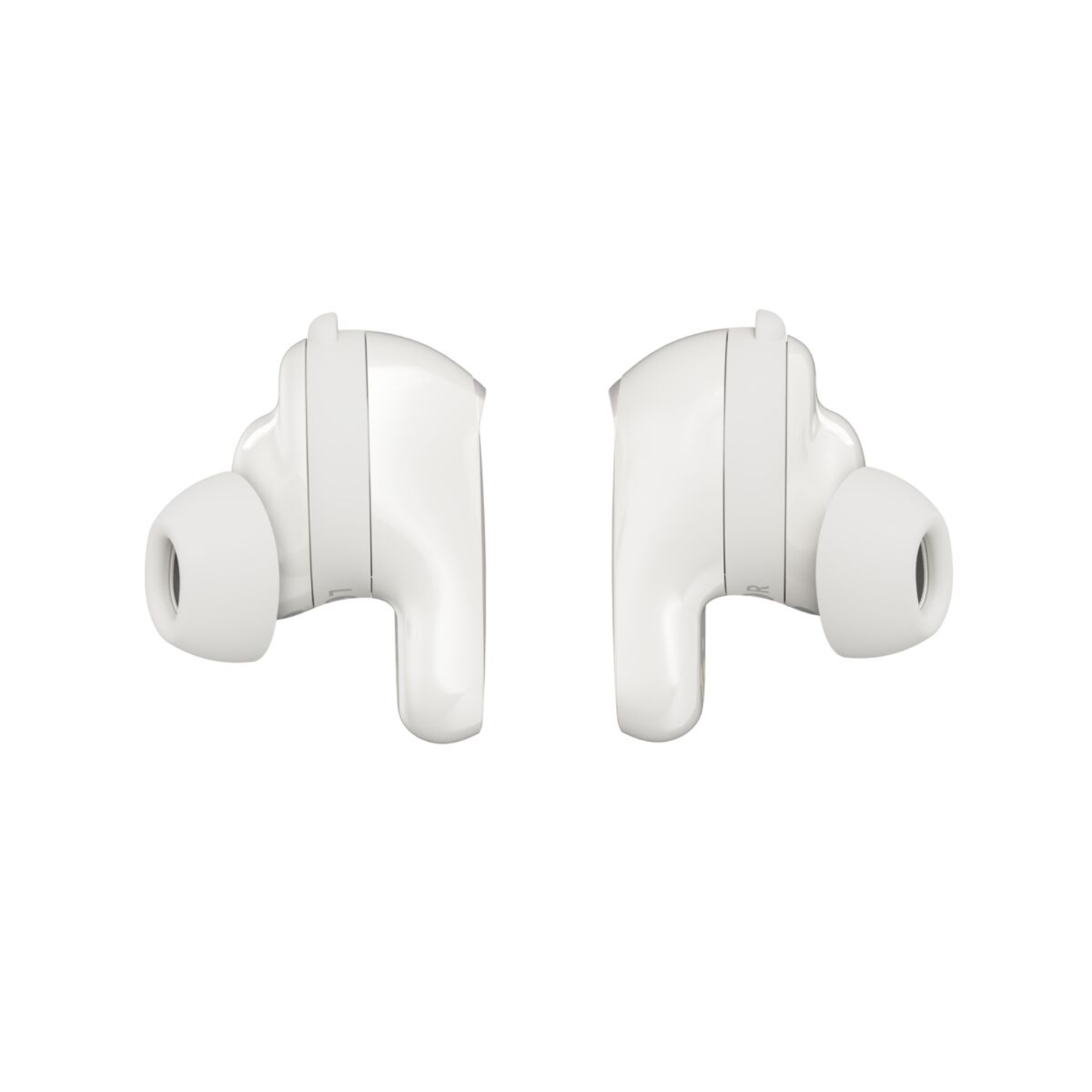 Two white earbuds, positioned side-by-side, showing the inner and outer parts.