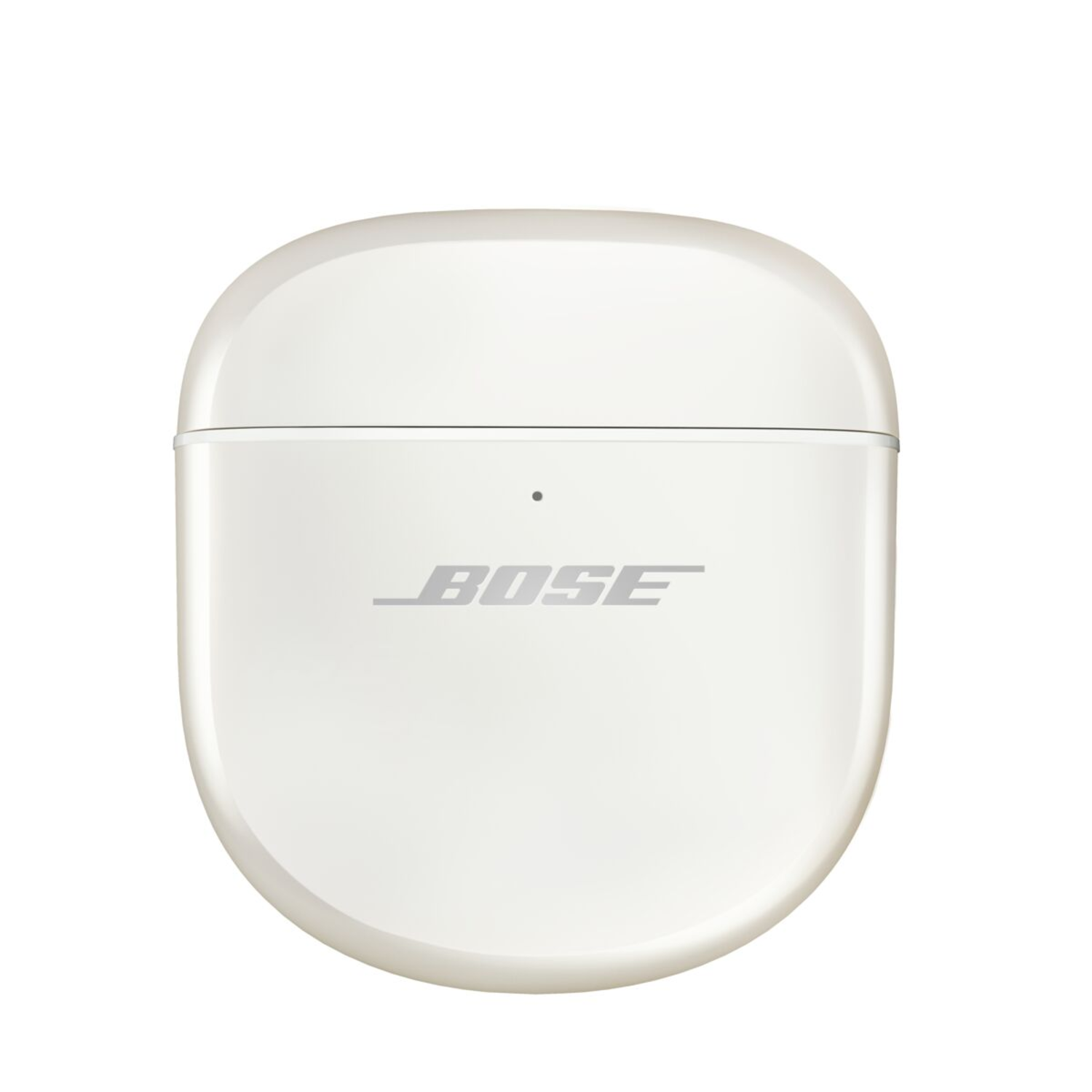 White Bose charging case with the Bose logo on the front, white background.