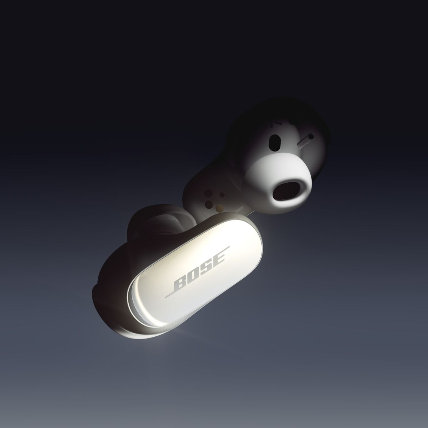 White Bose earbuds, one with a cartoon face, on a dark gradient background.