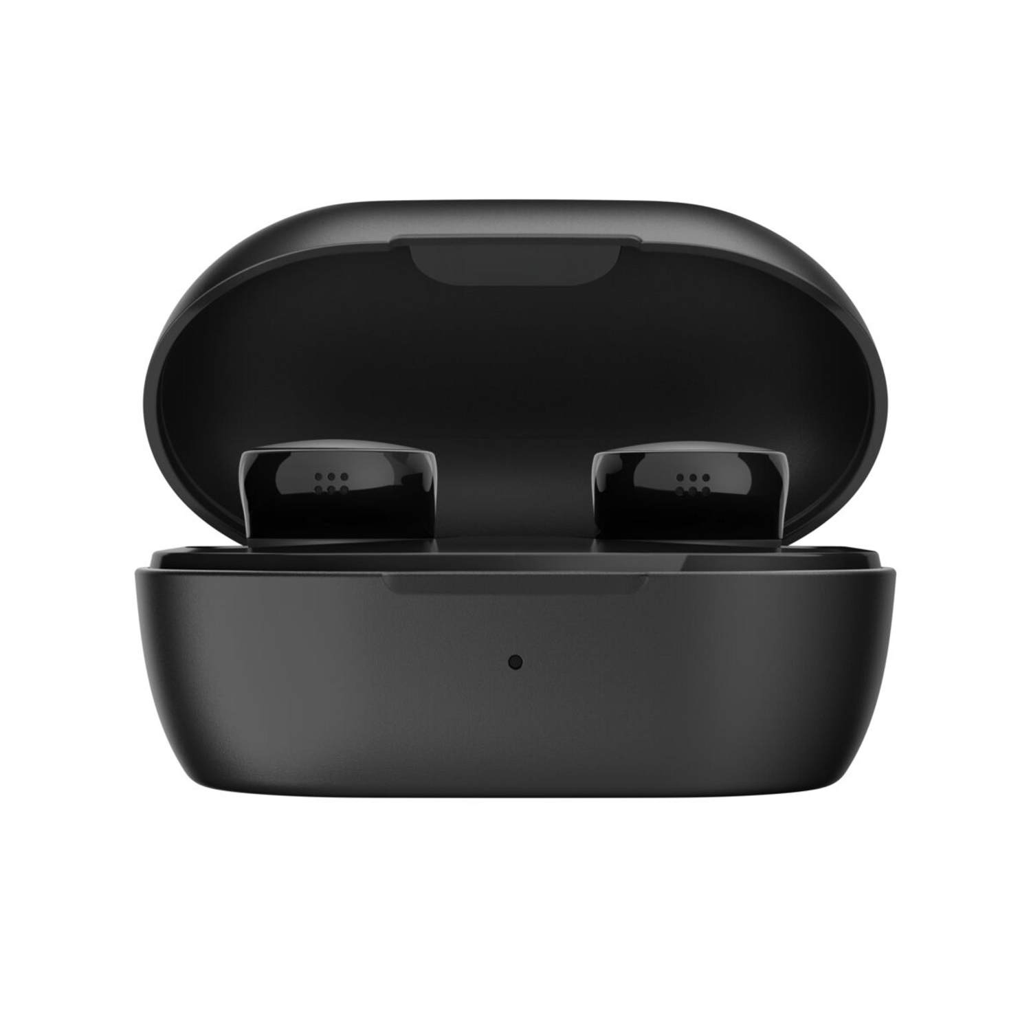 Black wireless earbuds in their charging case, with the case open.