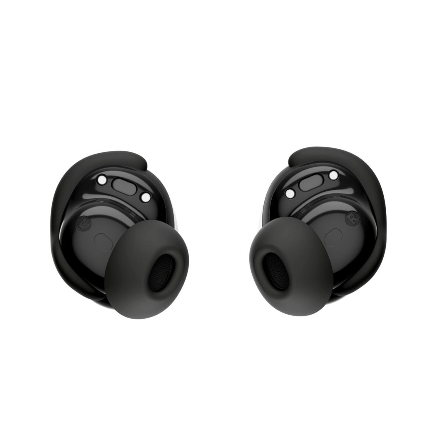 Two black earbuds on a white background. The earbuds are close together.