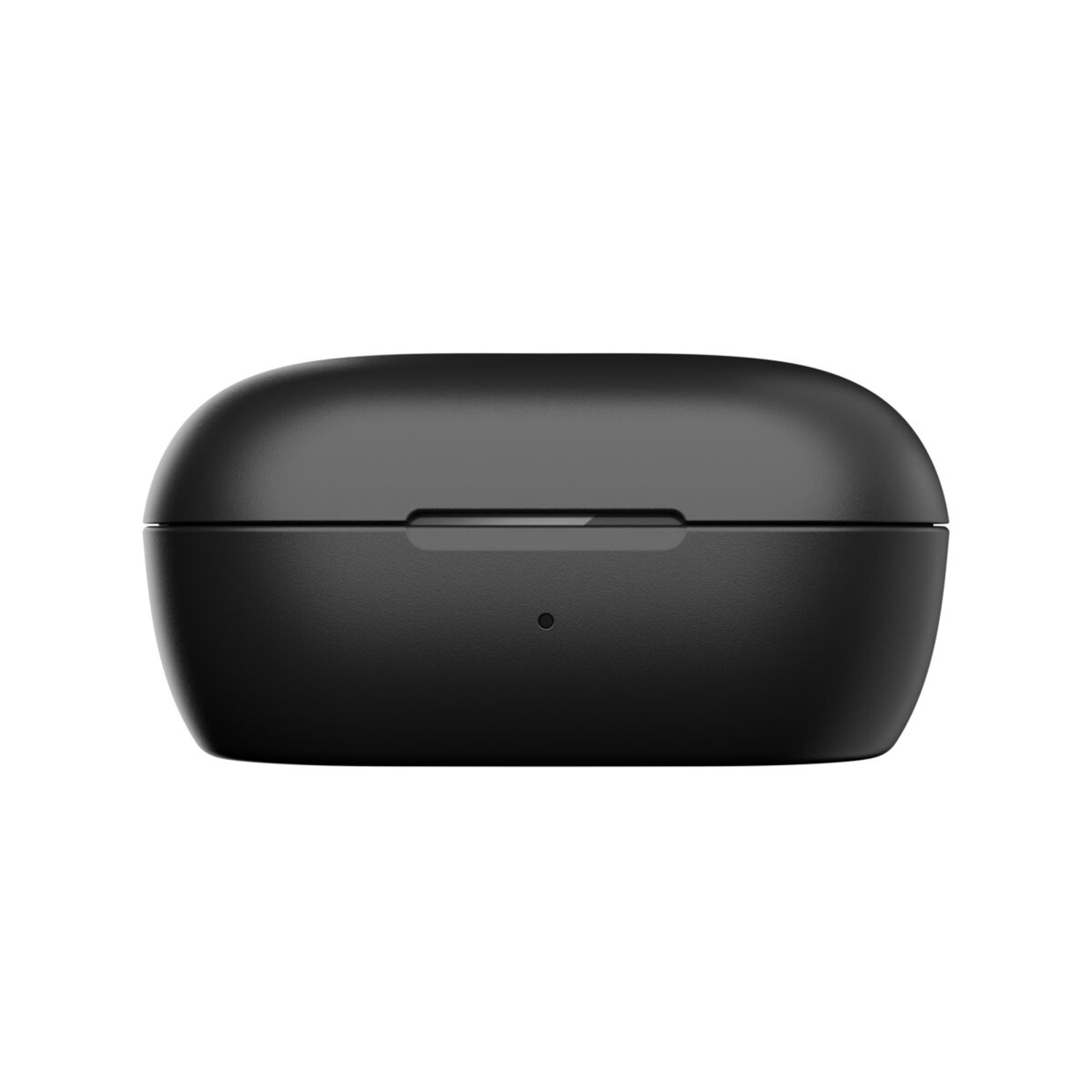 Black, rounded charging case, top view, with a small hole. Plain, clean, and modern.