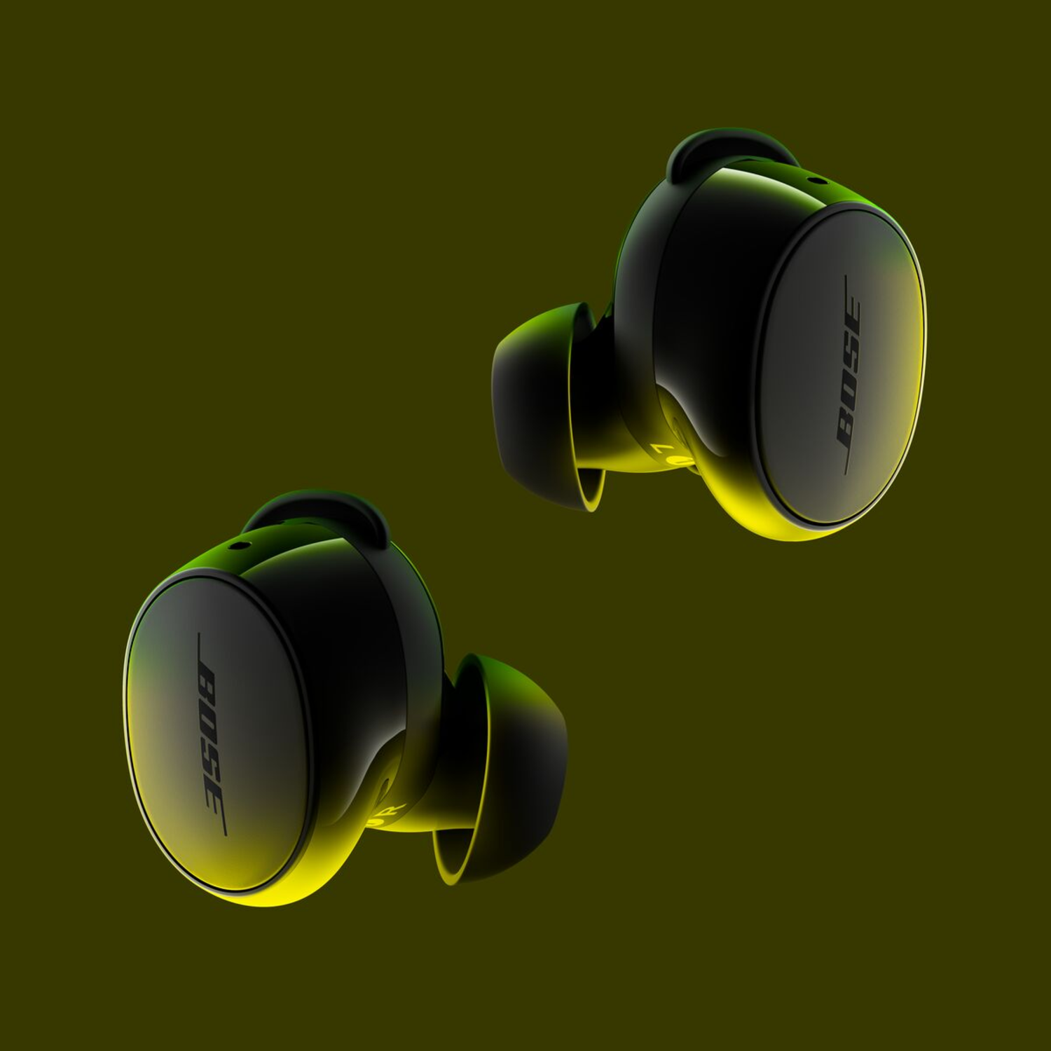 Black Bose earbuds against a yellow-green gradient background.