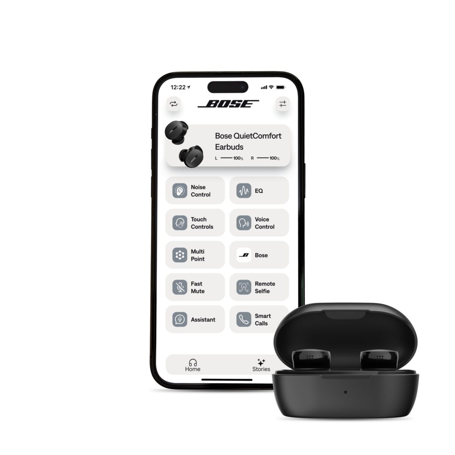 A smartphone displaying an app with earbuds in a charging case below.