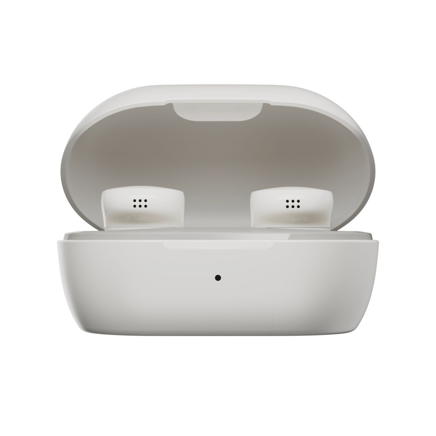 White earbud charging case, open. Two earbuds are inside the case.