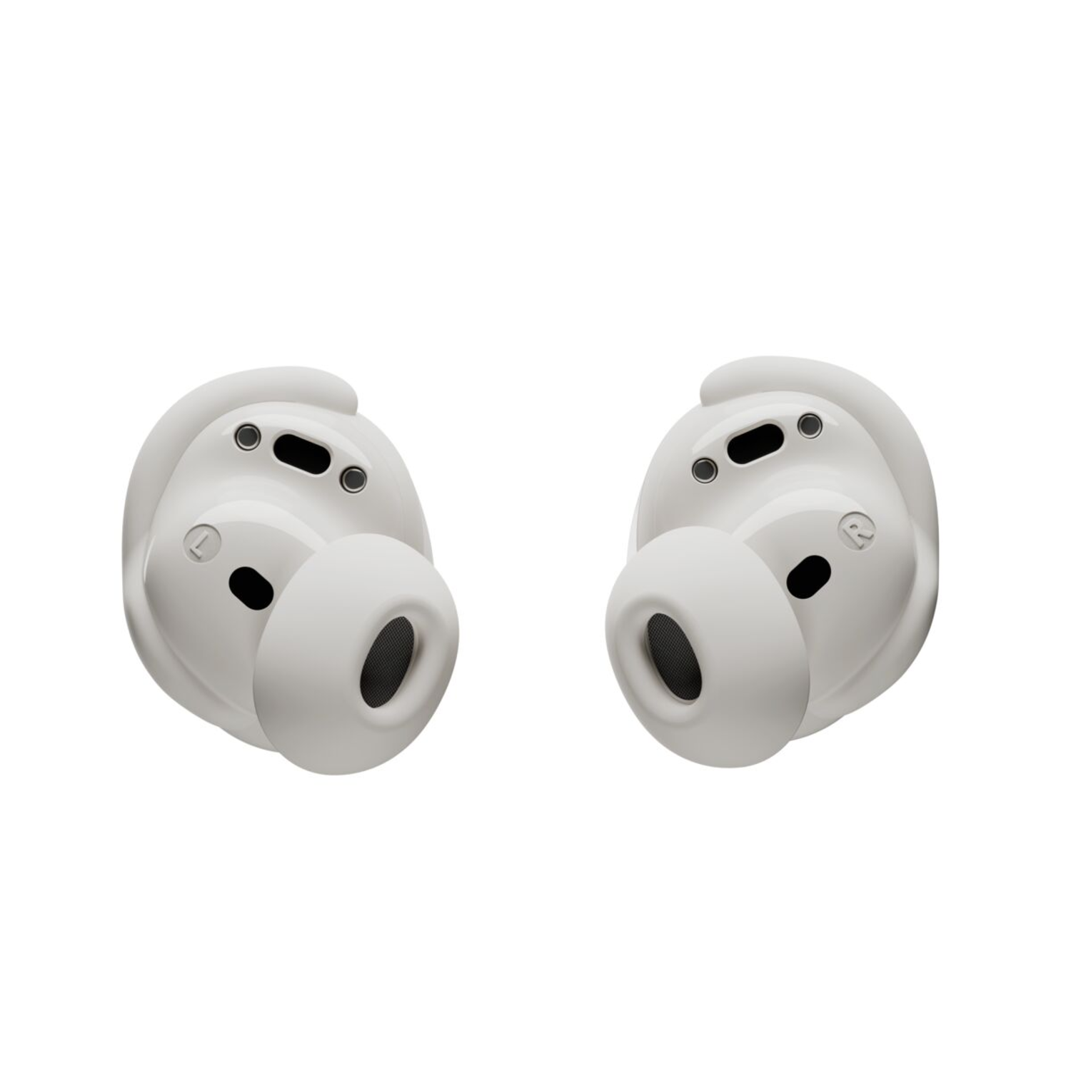 Two white wireless earbuds, close-up, with a black background. 