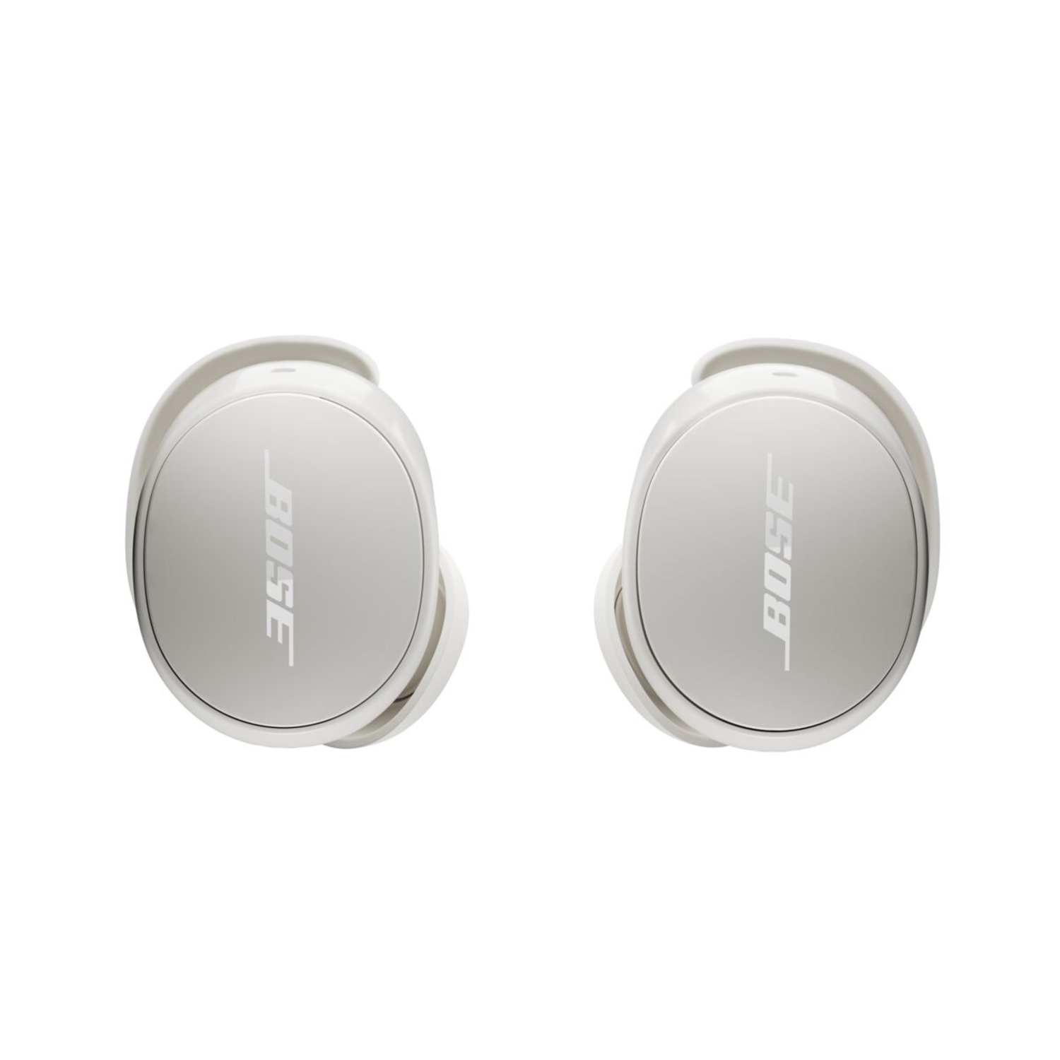 Two white earbuds with the 'BOSE' logo visible. They are on a white background, close up.