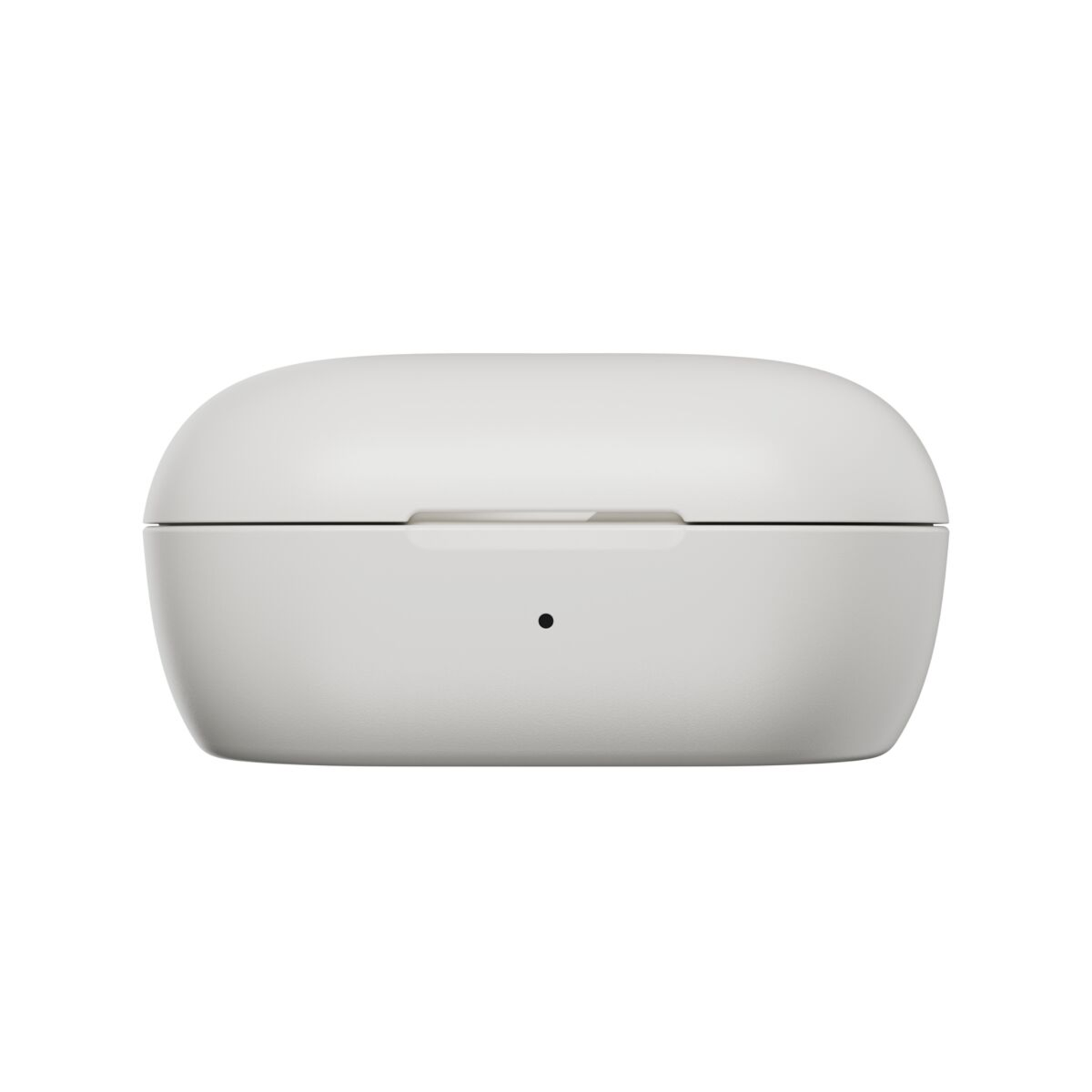 A white, closed charging case for earbuds. It is a rounded rectangle with a small black dot.