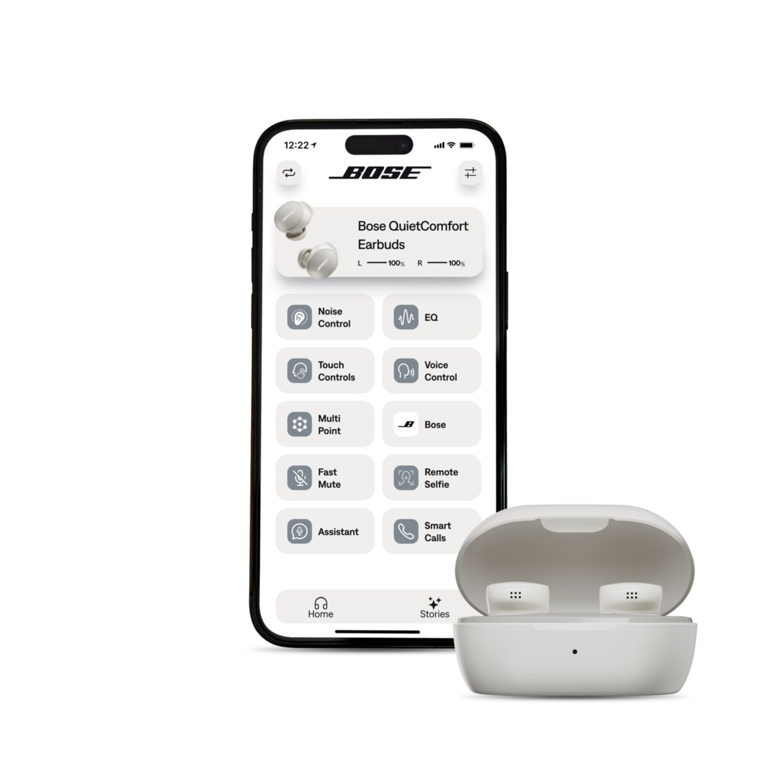 A smartphone screen displays the Bose QuietComfort earbuds app, earbuds and their charging case are visible.