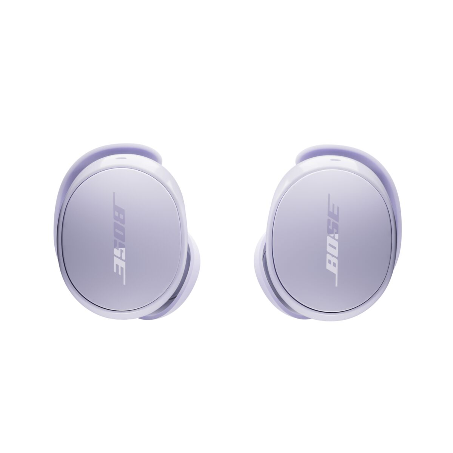 Twee paarse Bose-oordopjes op een witte achtergrond, lichtjes gekanteld.