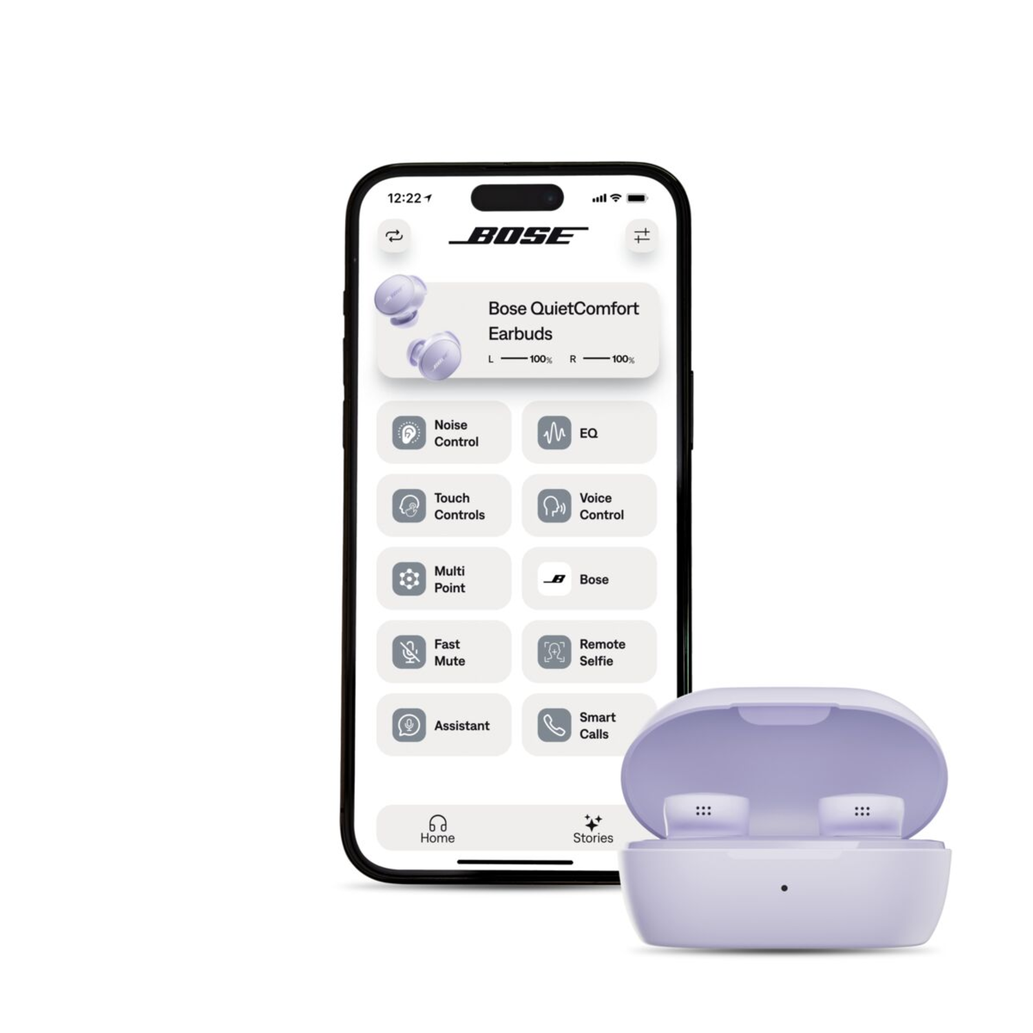 Smartphone scherm toont de Bose app interface met oordopjes en oplaadcase in de buurt.