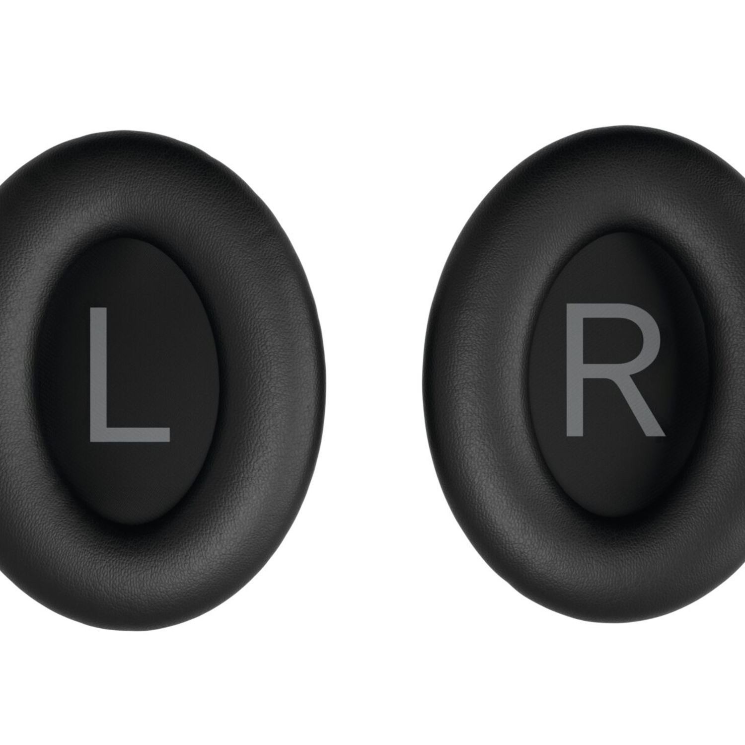 Two black headphone ear cushions, labeled 'L' and 'R' in gray.