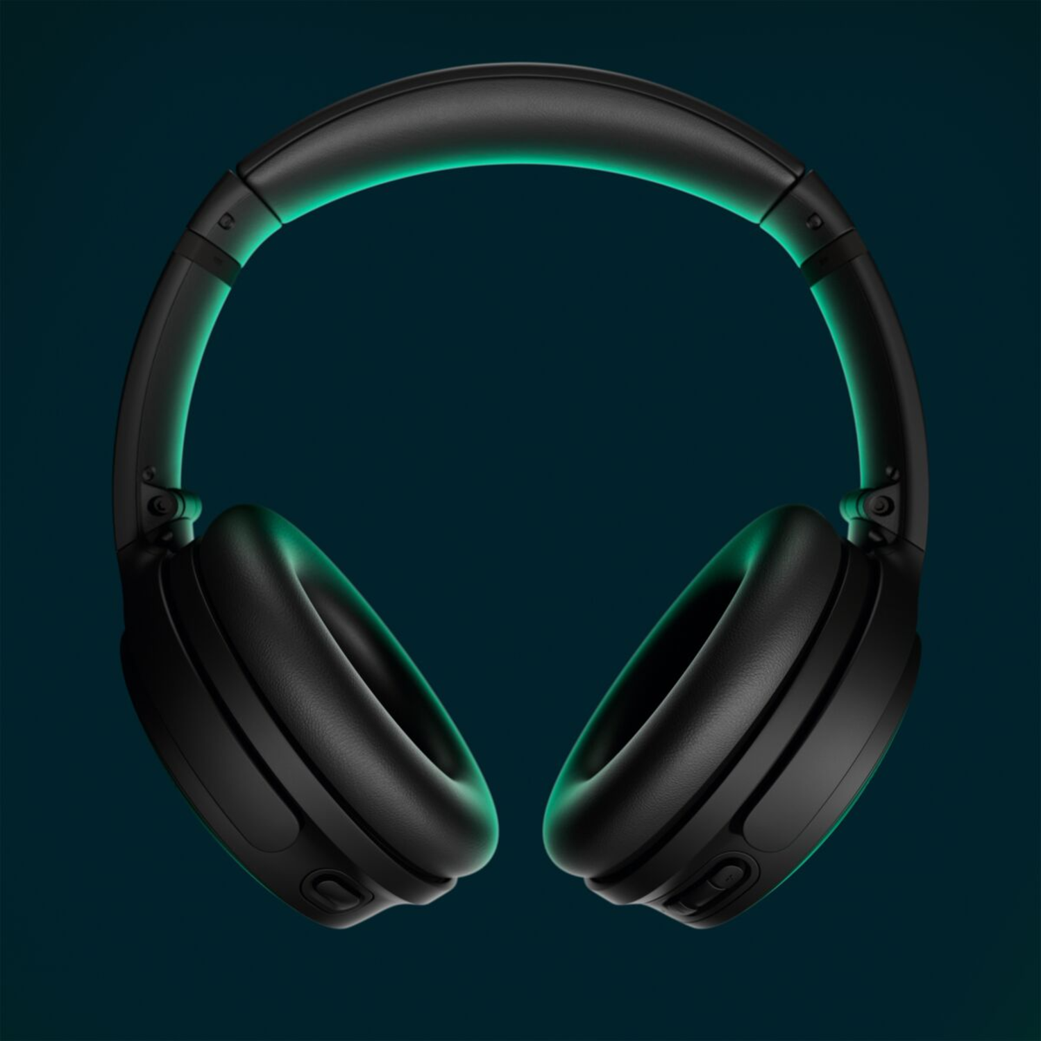 Black headphones with a green glow around the top of the headband, on a dark teal background.