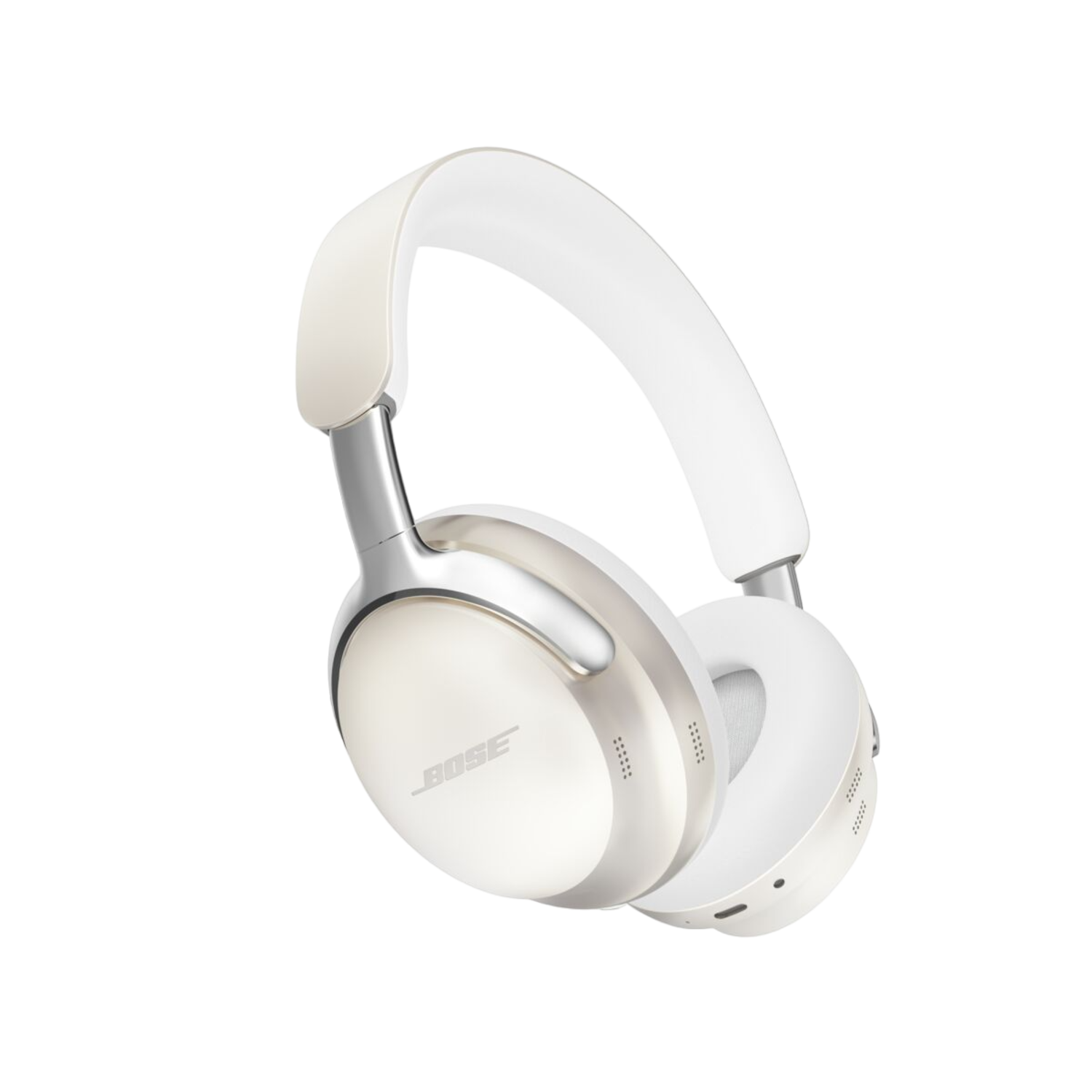 Casque Bose blanc avec des accents argentés. Logo Bose visible sur le côté de chaque oreille.