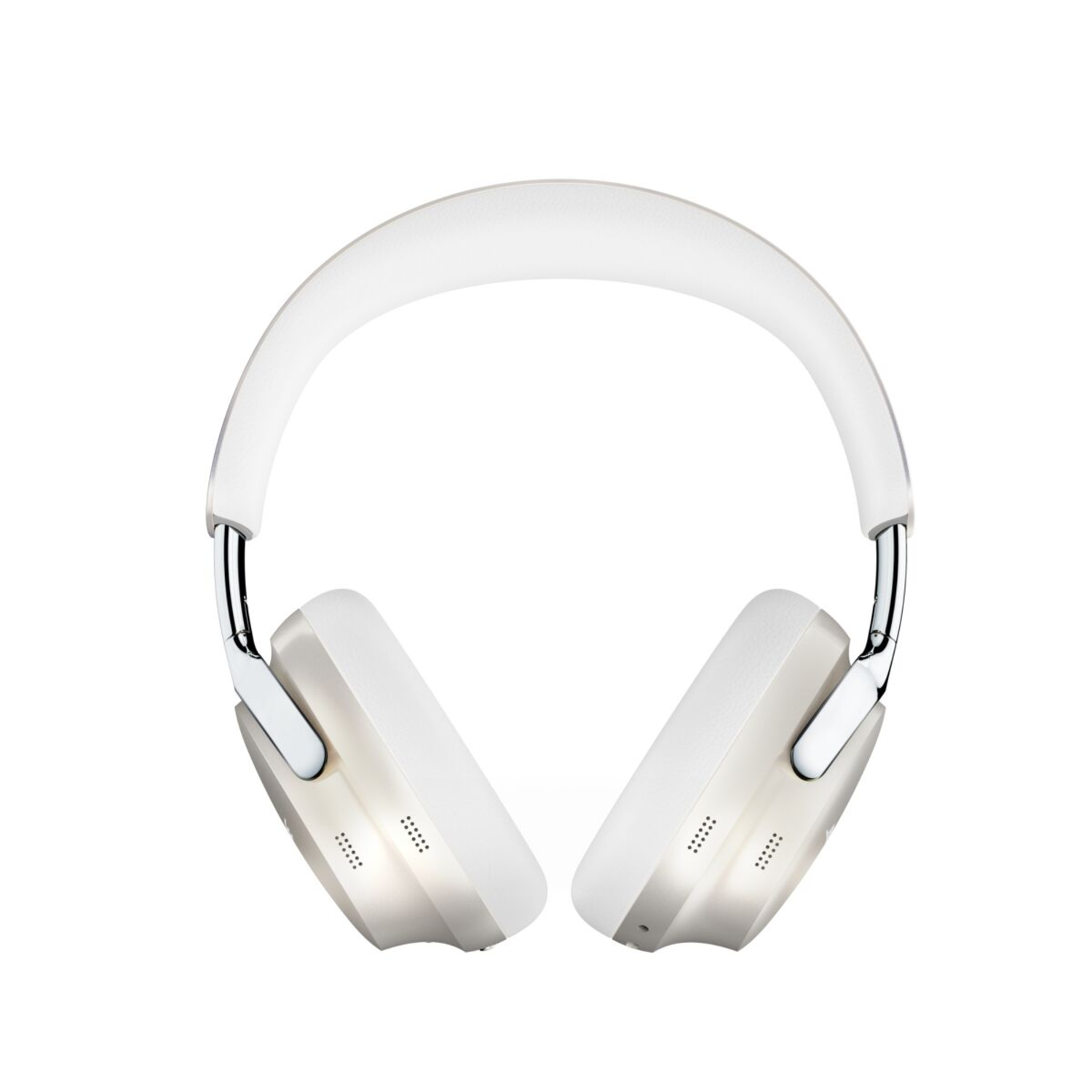Casque blanc et argenté sur fond blanc. Le dessus du casque est visible.
