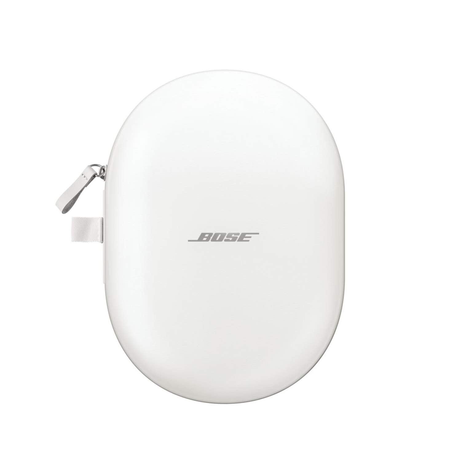 Étui blanc pour écouteurs Bose avec logo Bose. Étui de forme ovale, fermoir argenté et fond blanc.