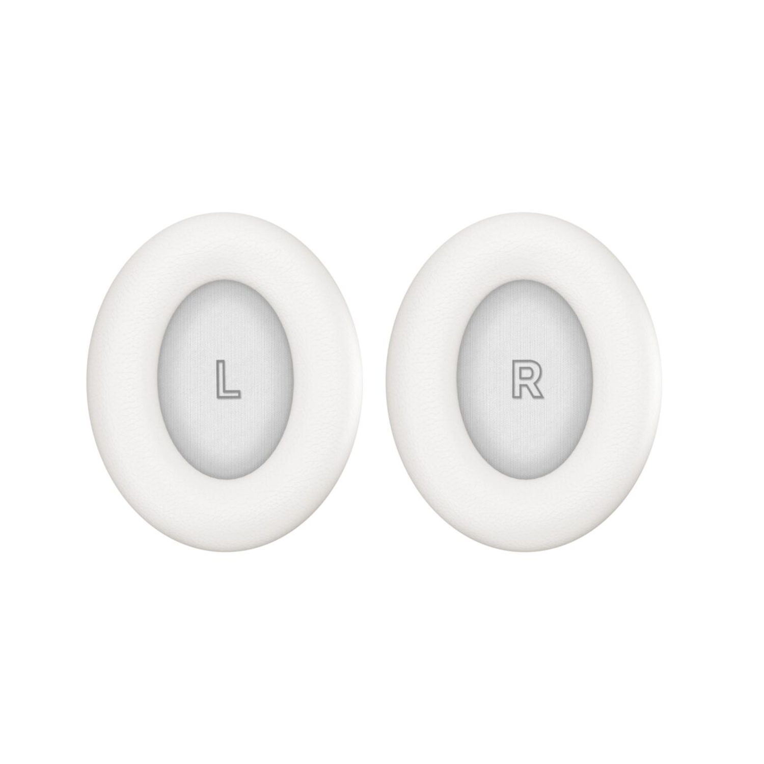 Deux coussinets d'oreille blancs. Le coussinet gauche porte un 'L' et le droit un 'R'.