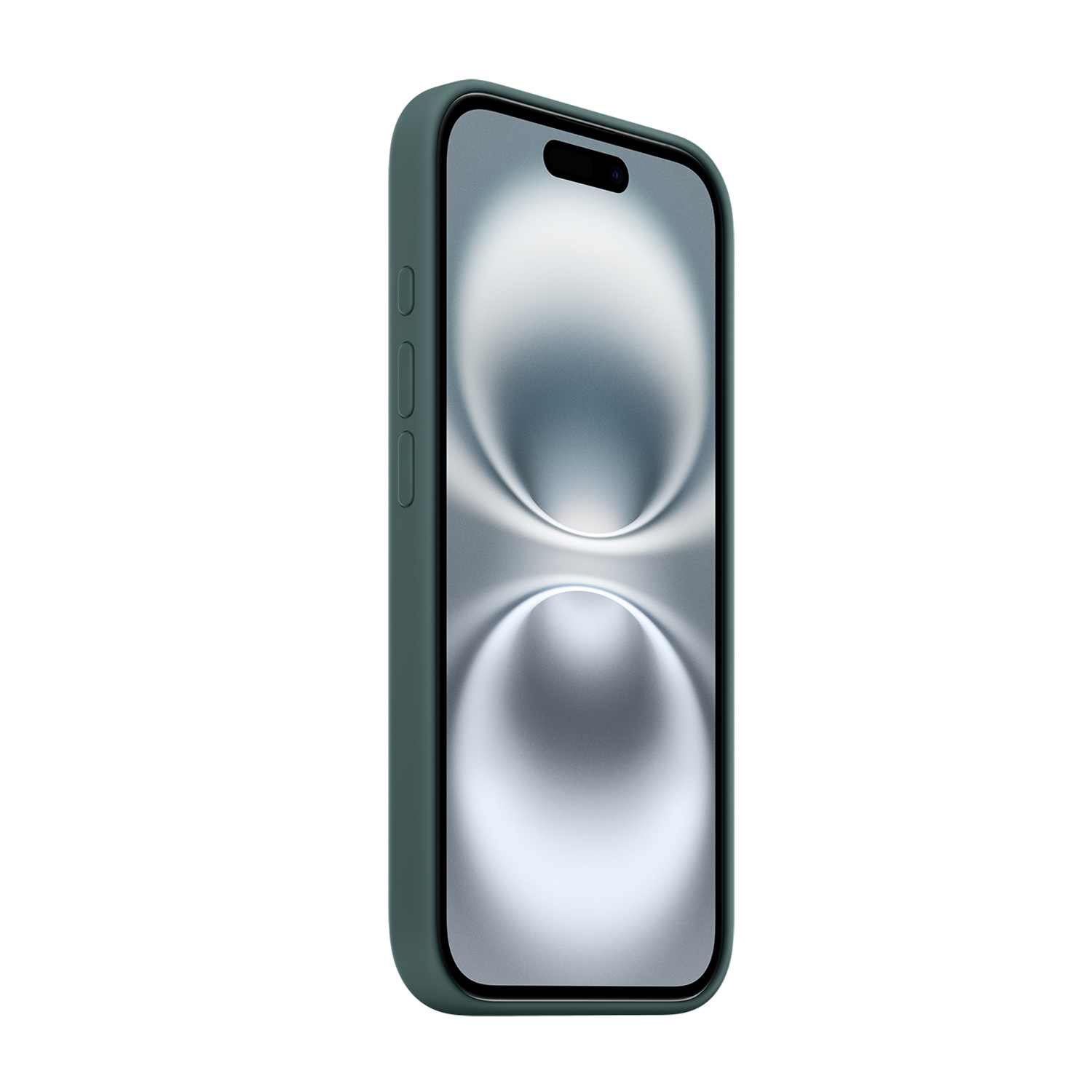 Una custodia per telefono color verde acqua con un telefono dentro. Sfondo bianco.