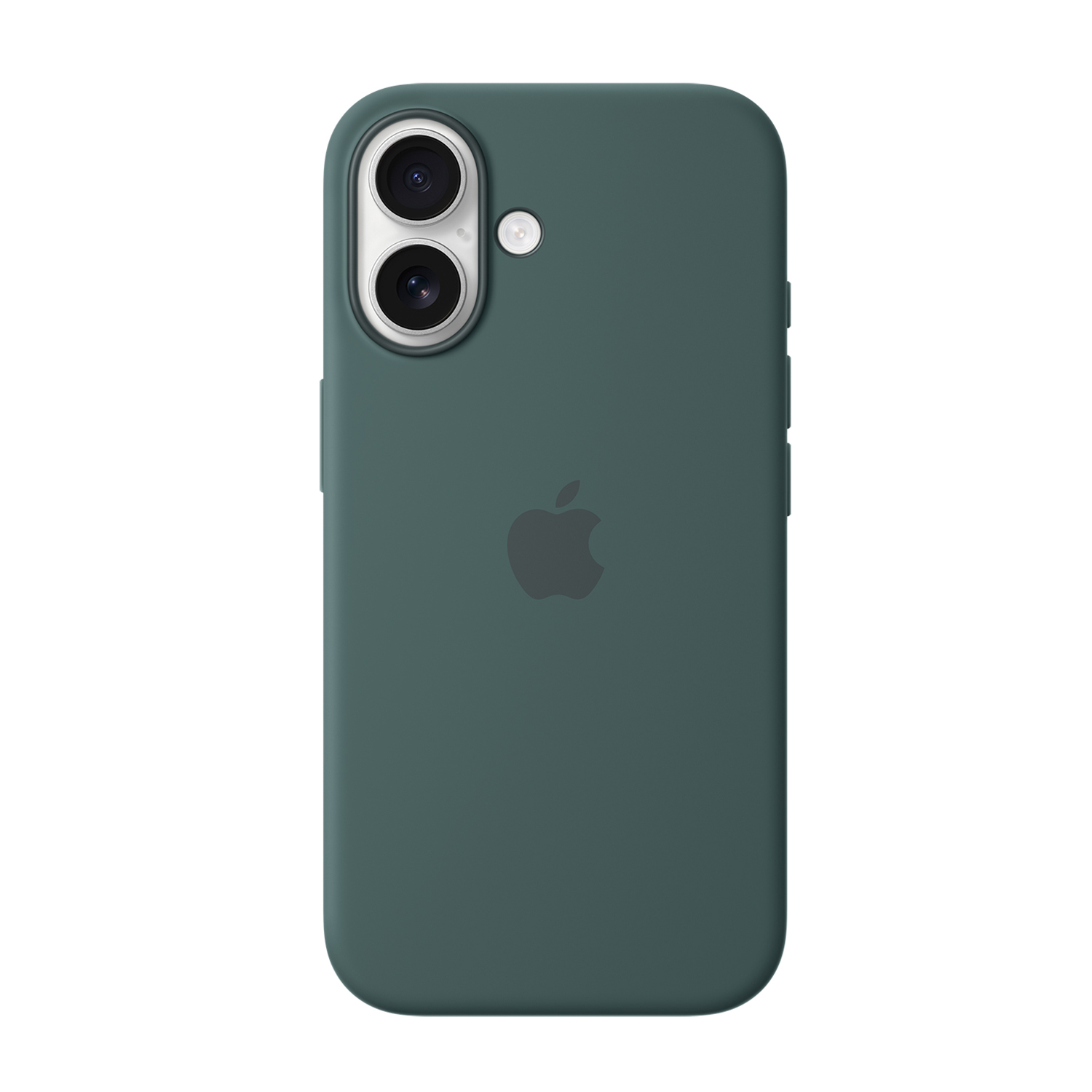 Custodia teal per telefono con lenti della fotocamera, flash e logo Apple.