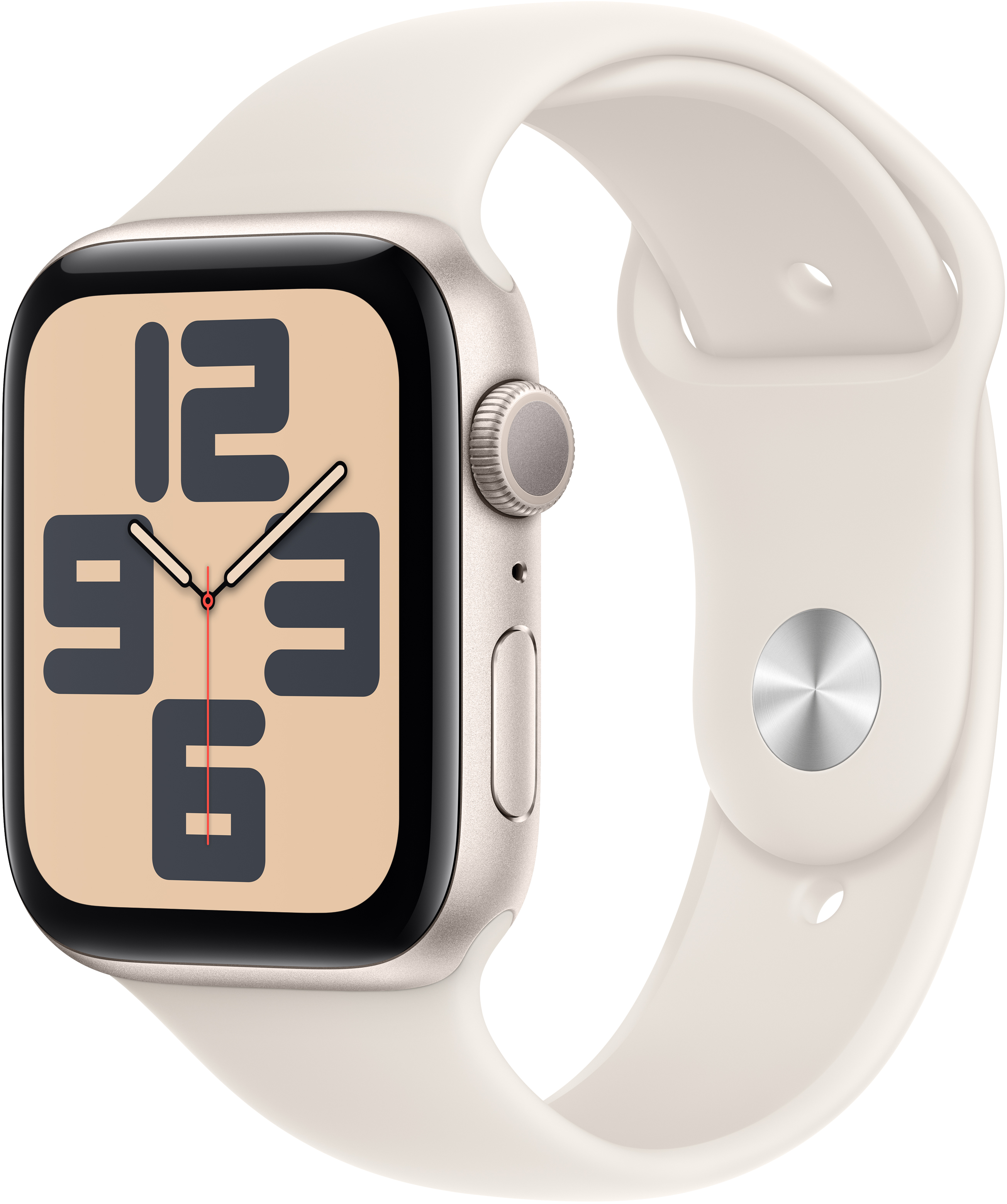 Apple Watch SE krémszínű szíjjal és ezüst számlappal.