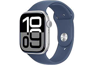 APPLE Watch Series 10 GPS + Cellular, 42mm, ezüstszínű alumíniumtok, denimszínű sportszíj -M/L (MWX43QH/A)