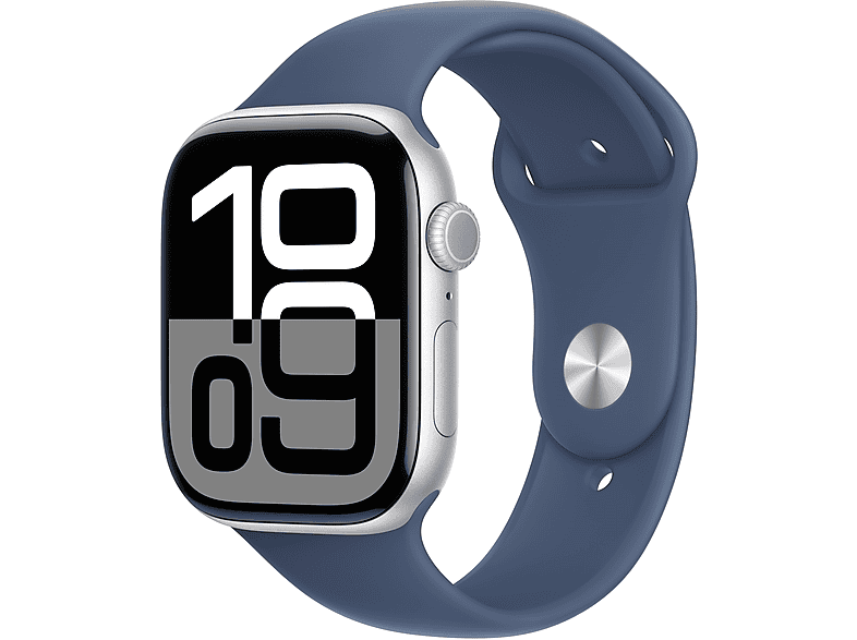 APPLE Watch Series 10 GPS + Cellular, 42mm, ezüstszínű alumíniumtok, denimszínű sportszíj -M/L (MWX43QH/A)