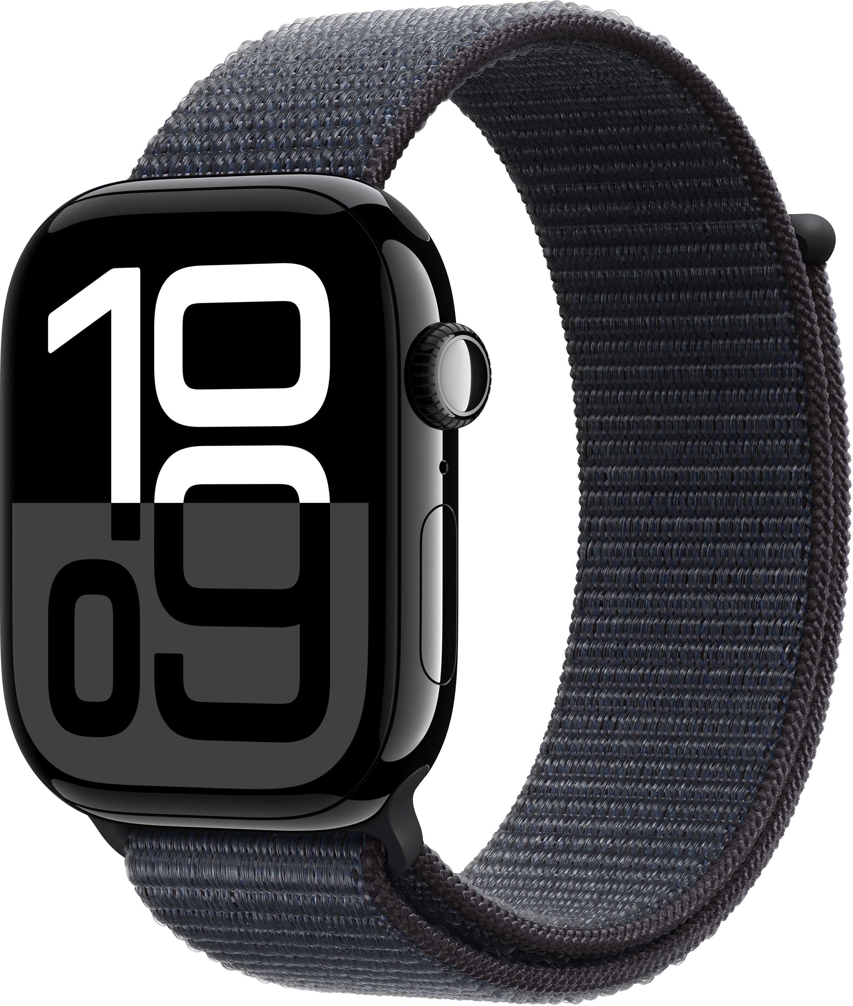 Fekete Apple Watch szürke szíjjal, a képernyőn 10:09-et mutatva.