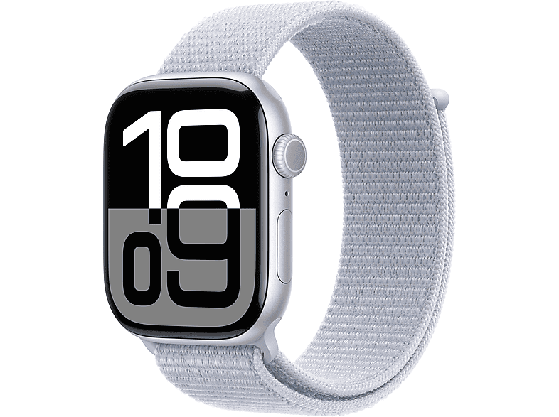 APPLE Watch Series 10 GPS, 46mm, ezüstszínű alumíniumtok, fakókék sportpánt (MWWN3QH/A)