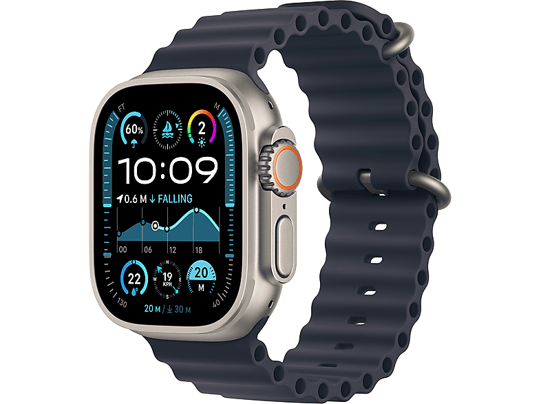 APPLE Watch Ultra 2 GPS + Cellular, 49mm, natúr titántok, tengerészkék Óceán szíj (MX4D3CM/A)