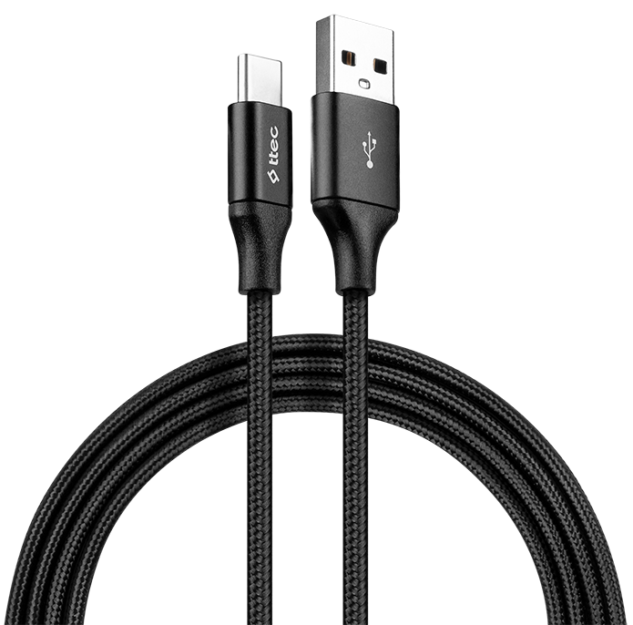 Fekete USB-C - USB kábel. A kábel fonott, és mindkét végén csatlakozók vannak.