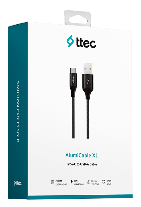 Fehér doboz fekete töltőkábellel. Szöveg: AlumiCable XL, Type-C to USB-A kábel.