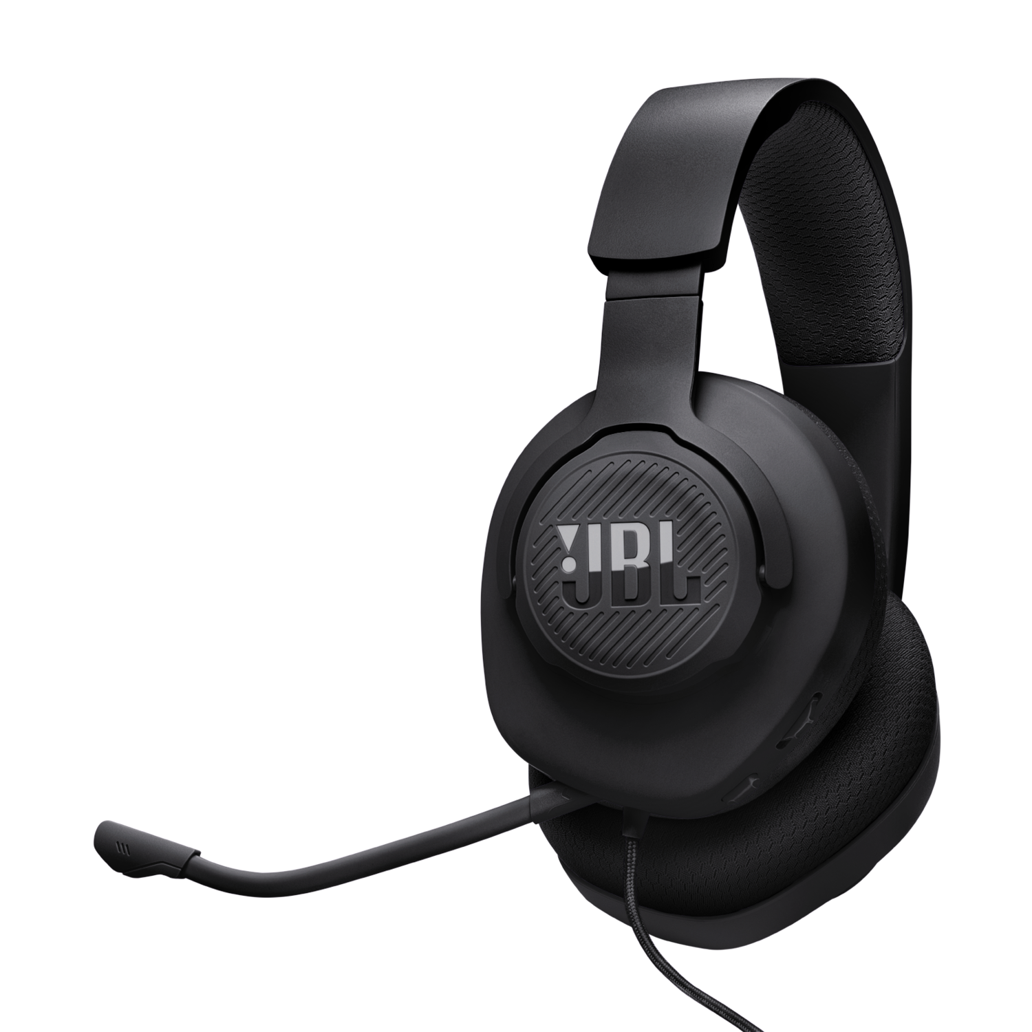 Zwarte JBL-headset met een microfoon op een zwarte achtergrond.