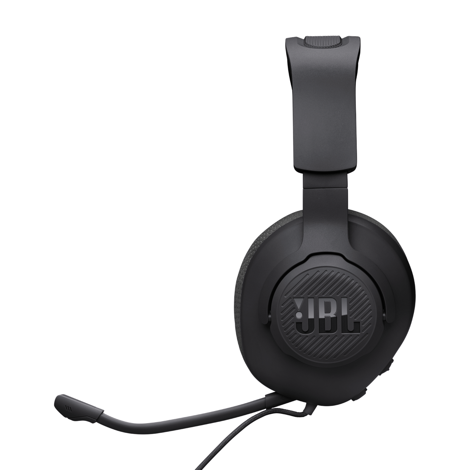 Zwarte JBL-koptelefoon met een microfoon aan de linkerkant, op een zwarte achtergrond.