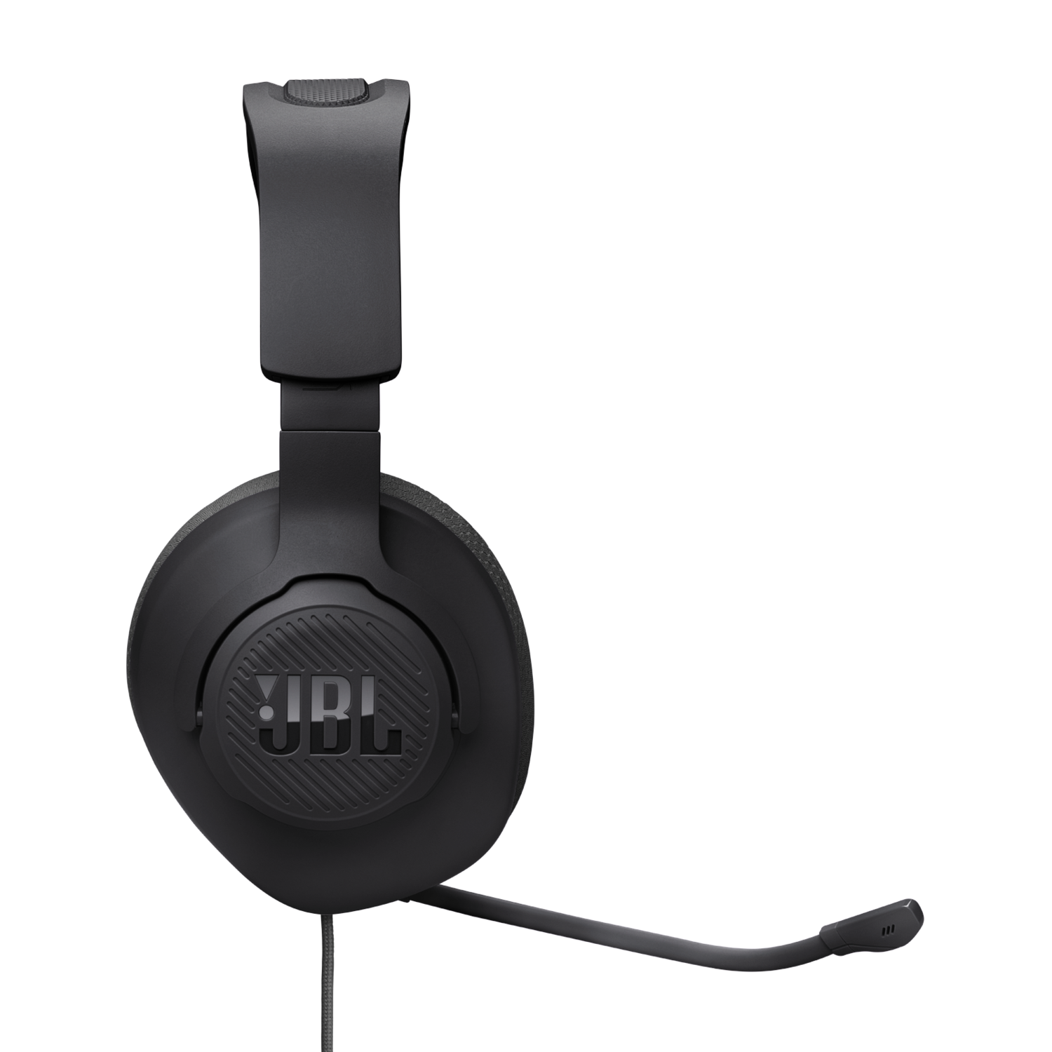 Zwarte JBL-koptelefoon met een microfoon. De koptelefoon staat op een donkere achtergrond.