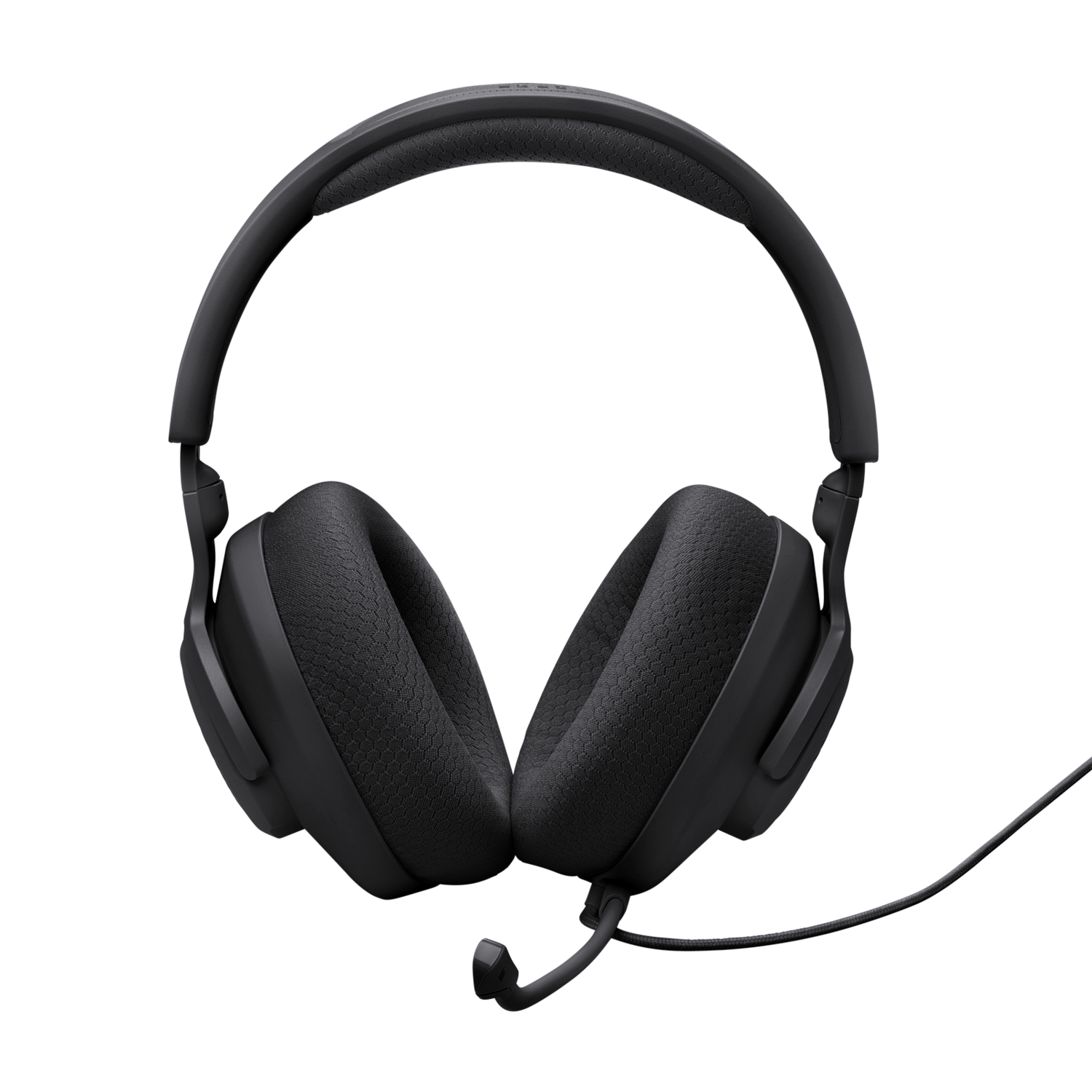 Zwarte over-ear koptelefoon met een microfoon. De koptelefoon staat op een donkere achtergrond.