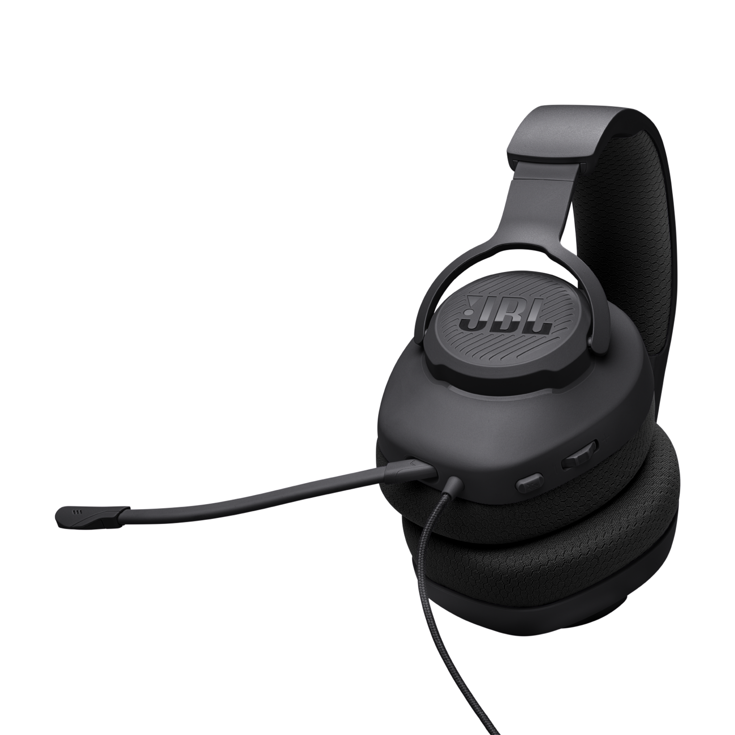 Zwarte JBL gaming headset. Voorzien van microfoon en oorschelpen, op een donkere achtergrond.