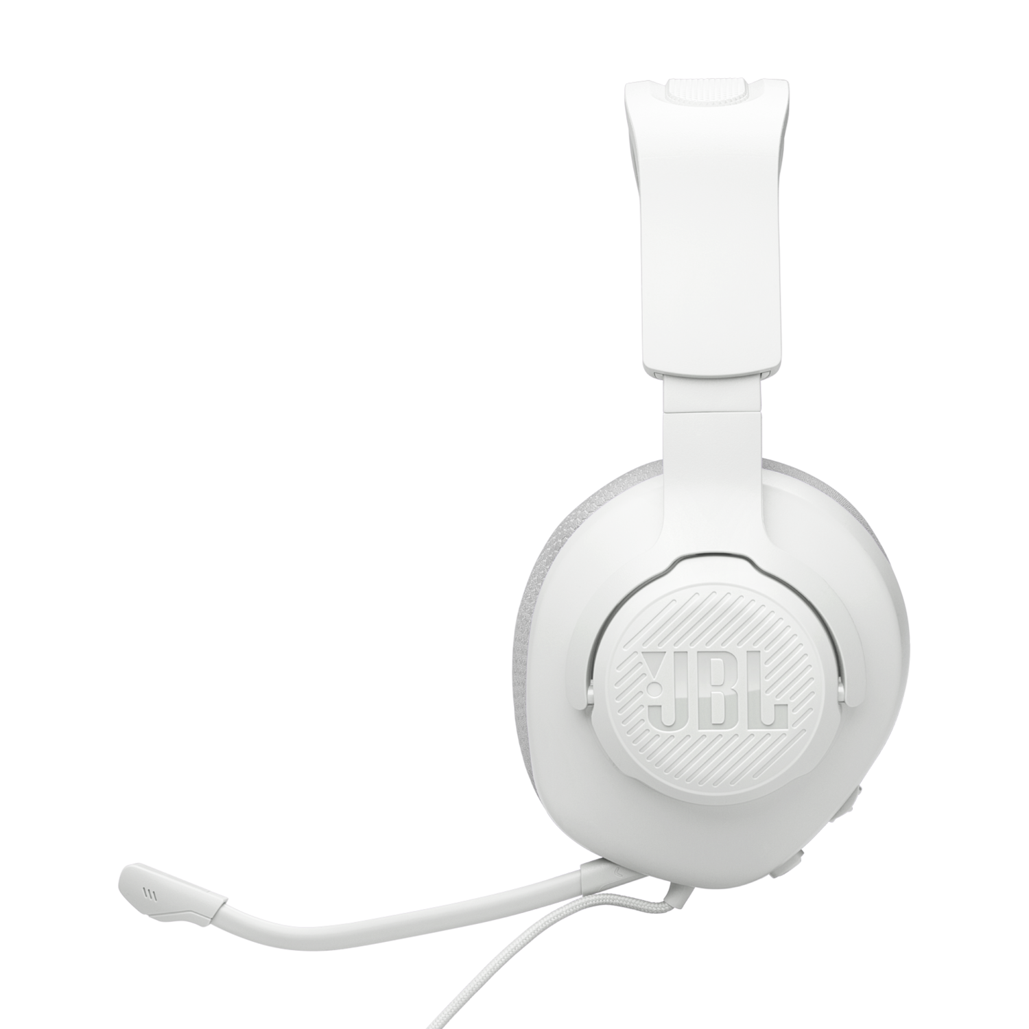 Witte JBL-hoofdtelefoon met een microfoon. De hoofdtelefoon staat op een zwarte achtergrond.