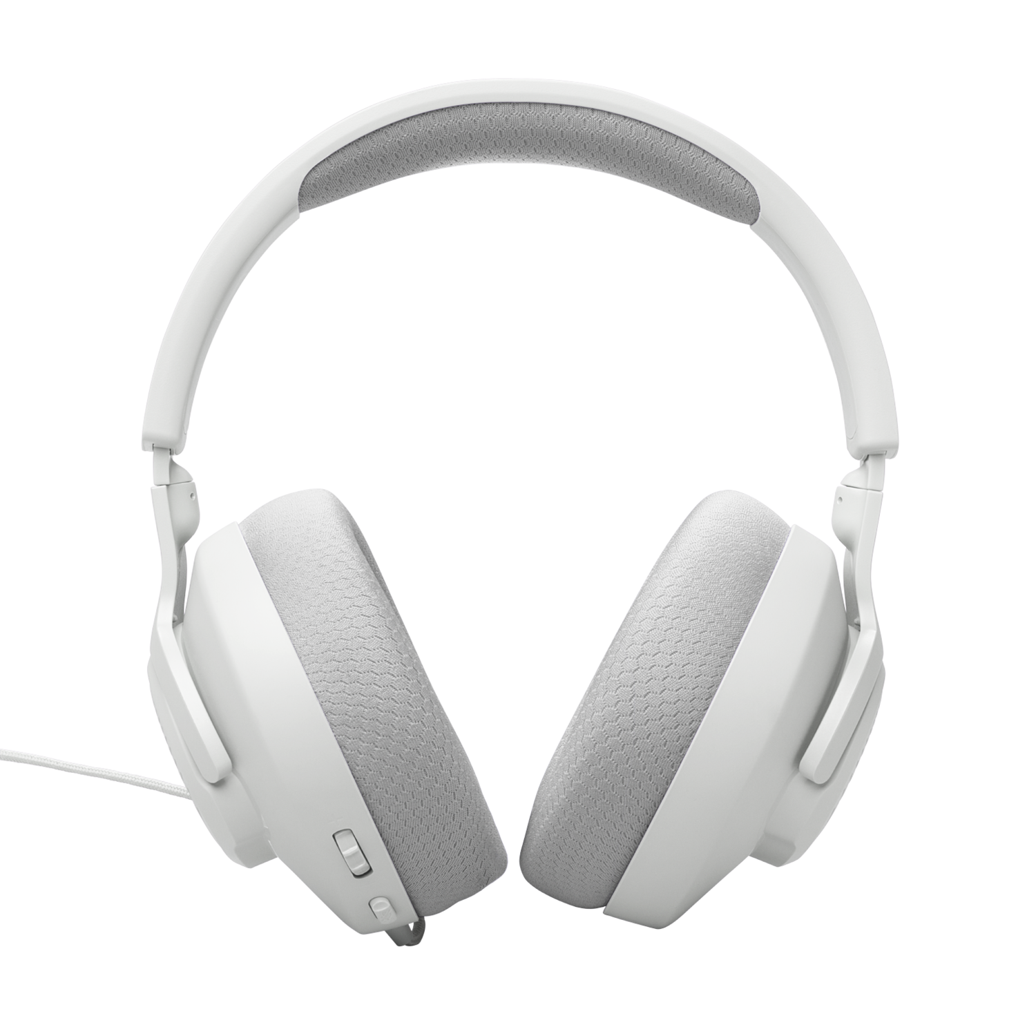 Witte koptelefoon met grijze mesh oorschelpen en een witte kabel op zwarte achtergrond.