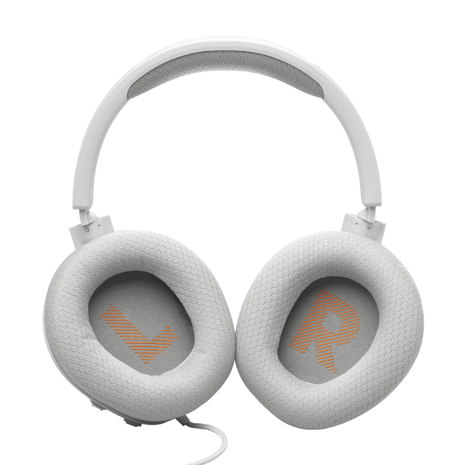 Witte koptelefoon met grijze oorschelpen. Tekst: L en R, voor links en rechts.