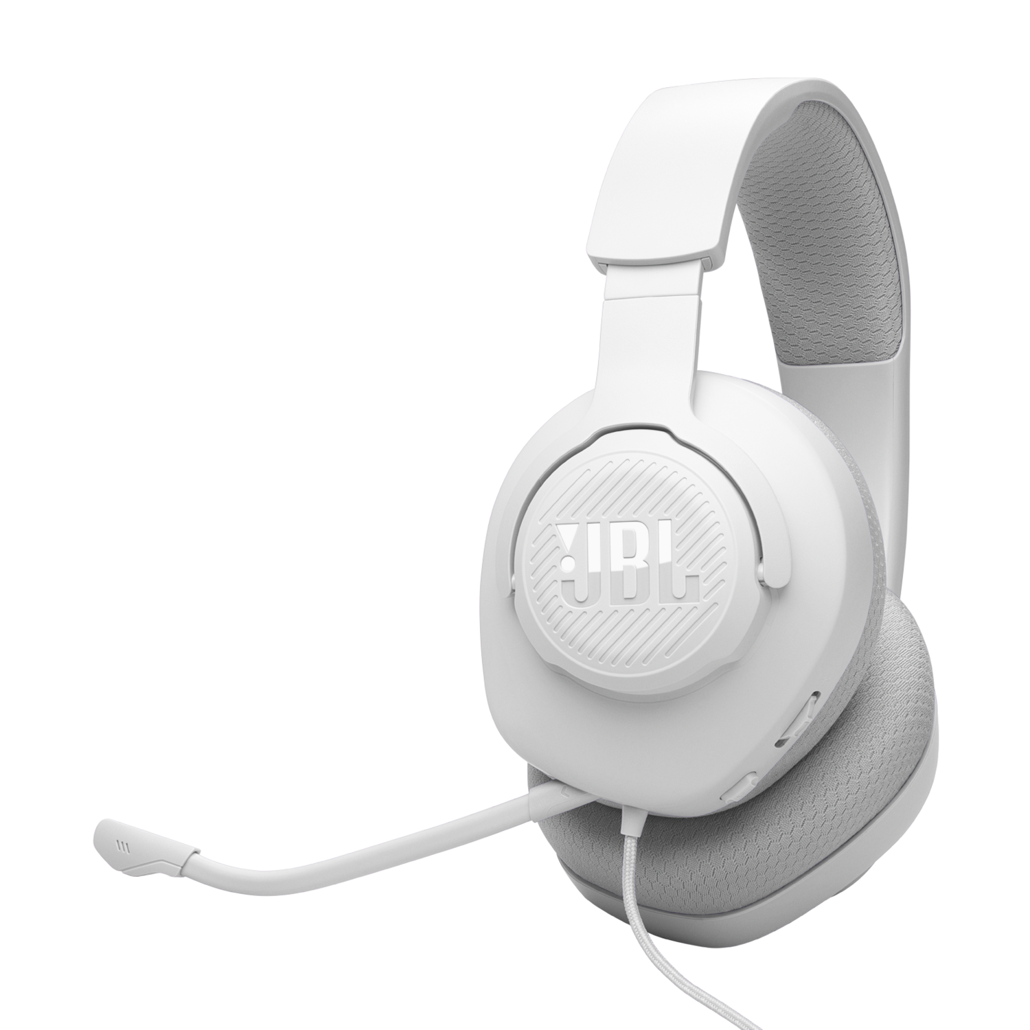 Witte JBL-headset met microfoon. De headset rust op een zwarte achtergrond.
