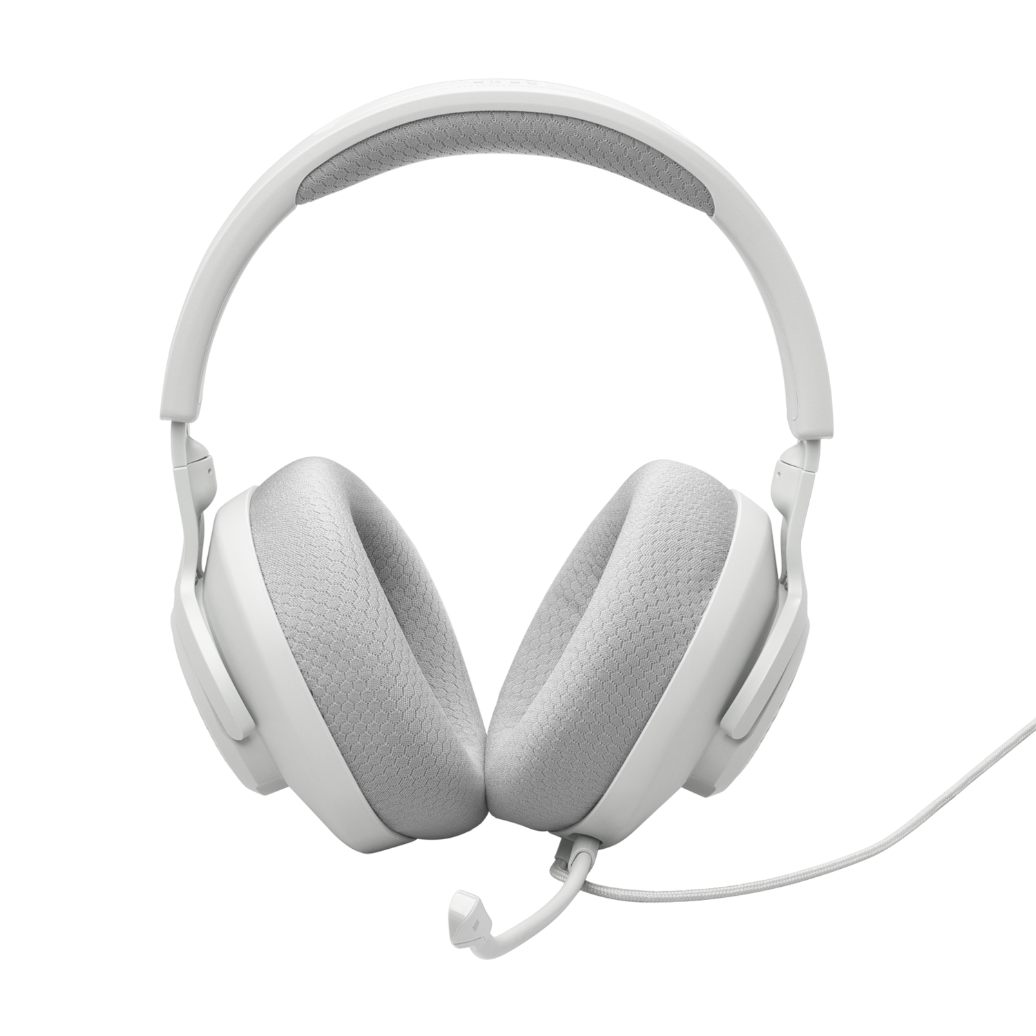 Witte koptelefoon met een microfoon. De koptelefoon staat op een zwarte achtergrond.