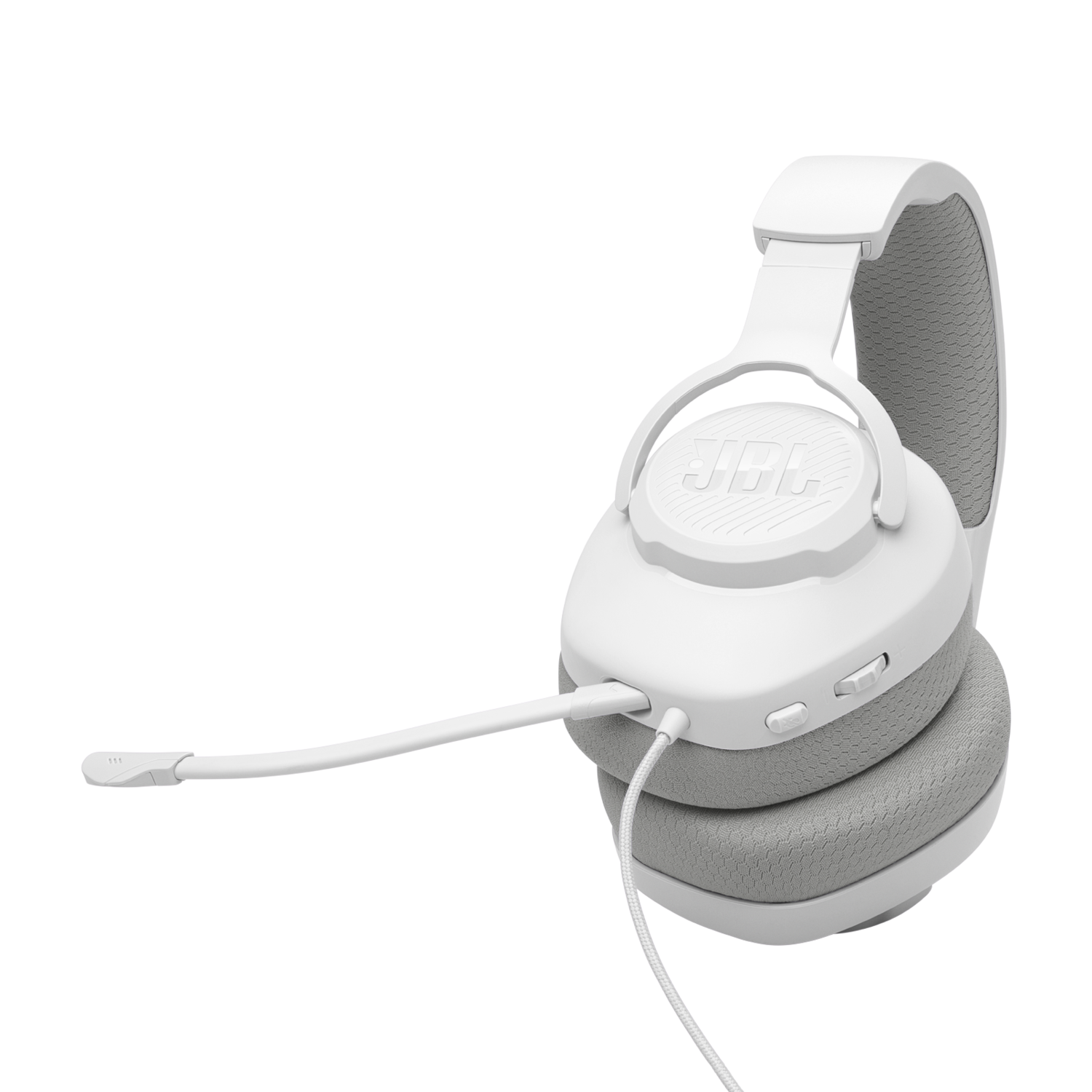 Witte JBL-koptelefoon met microfoon, op een zwarte achtergrond.