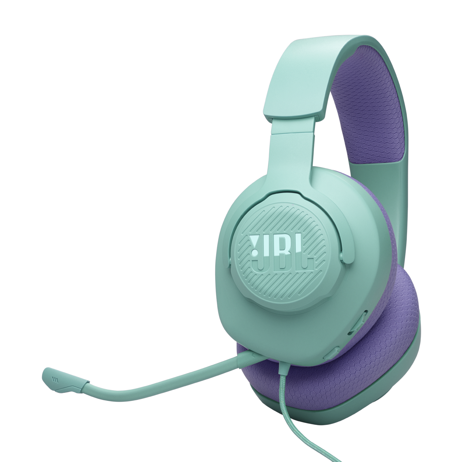 Mintgroene en paarse JBL-koptelefoon met microfoon op een zwarte achtergrond.