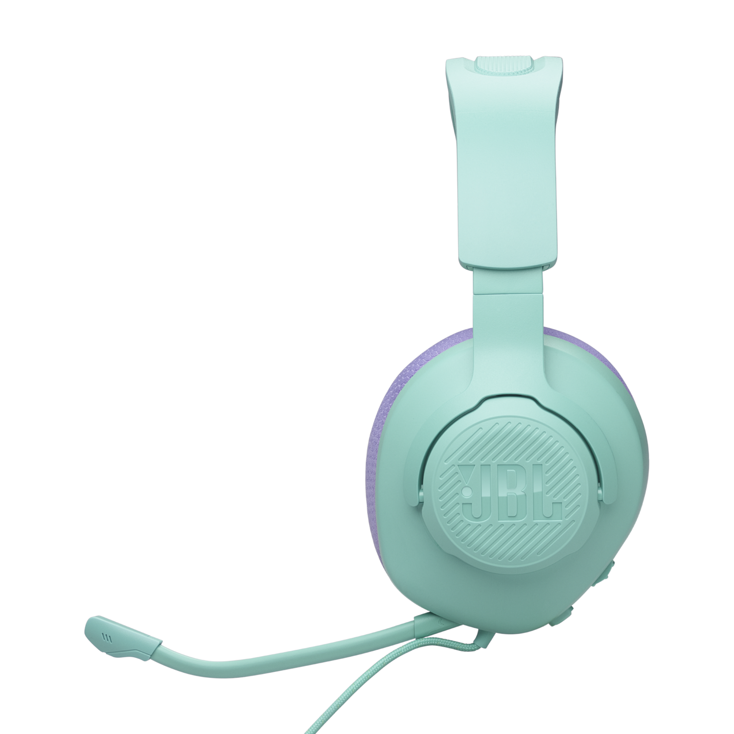 Mintgroene JBL koptelefoon met een microfoon, zwarte achtergrond.