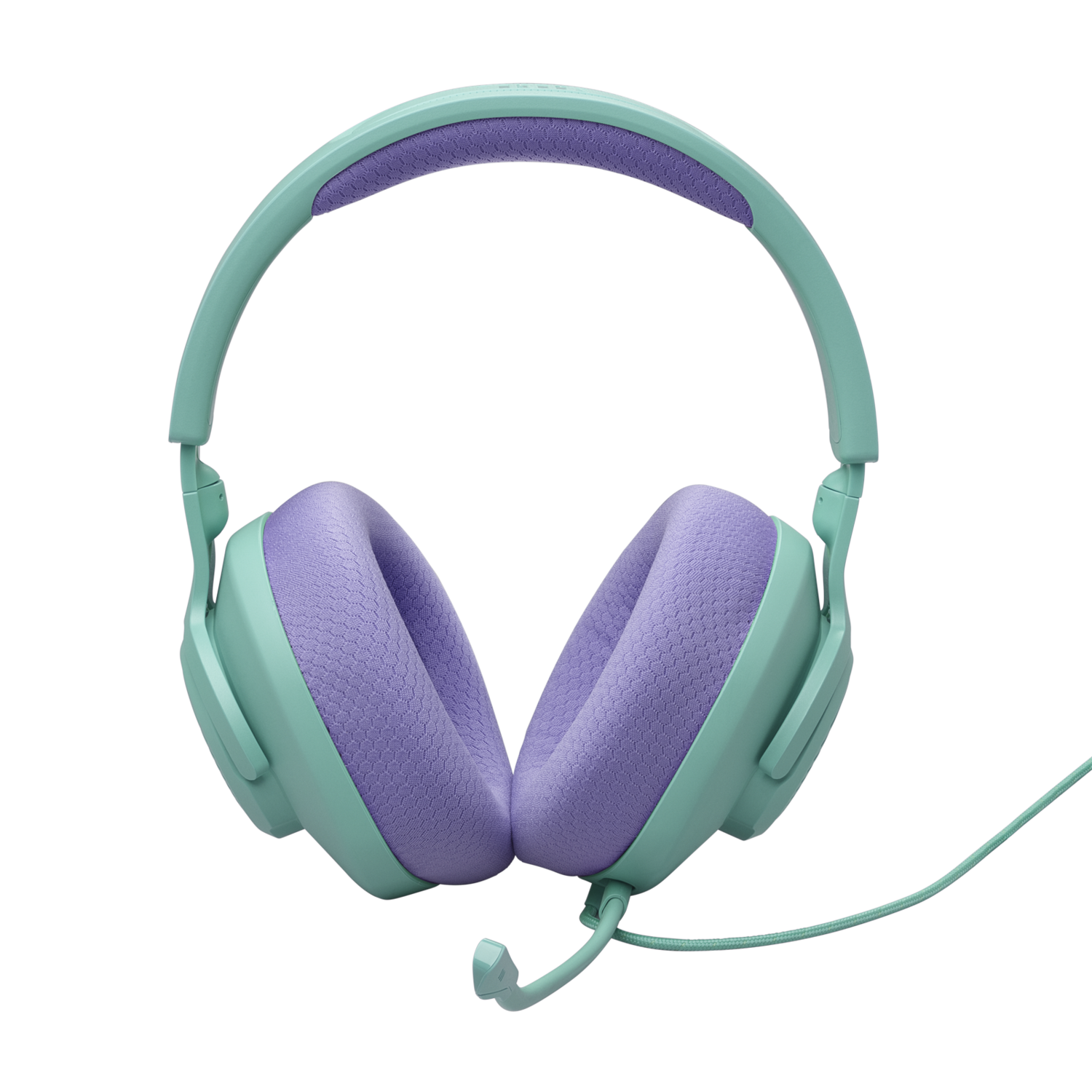 Mintgroene en paarse koptelefoon. De koptelefoon is over-ear stijl, met een microfoon.