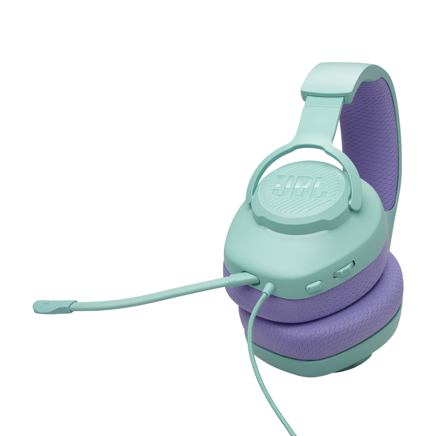 Een turquoise en paarse JBL gaming-headset met een microfoon.