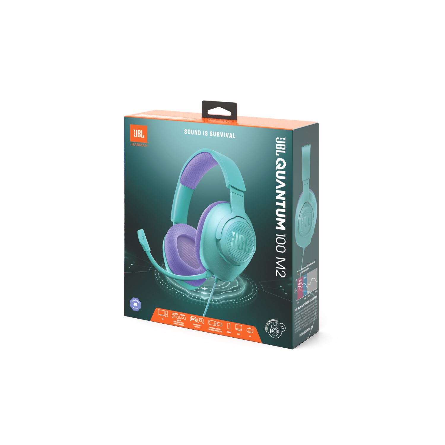 Een JBL Quantum 100 M2 gaming headset in een doos, met een turquoise en paars design.